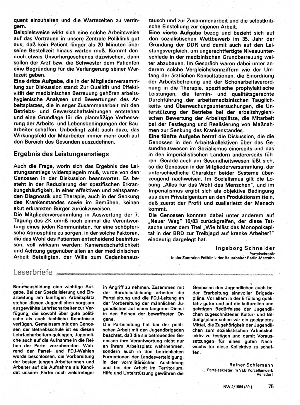 Neuer Weg (NW), Organ des Zentralkomitees (ZK) der SED (Sozialistische Einheitspartei Deutschlands) für Fragen des Parteilebens, 39. Jahrgang [Deutsche Demokratische Republik (DDR)] 1984, Seite 75 (NW ZK SED DDR 1984, S. 75)