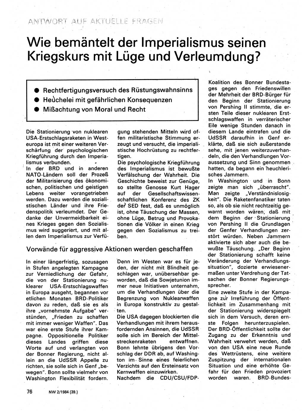 Neuer Weg (NW), Organ des Zentralkomitees (ZK) der SED (Sozialistische Einheitspartei Deutschlands) für Fragen des Parteilebens, 39. Jahrgang [Deutsche Demokratische Republik (DDR)] 1984, Seite 76 (NW ZK SED DDR 1984, S. 76)