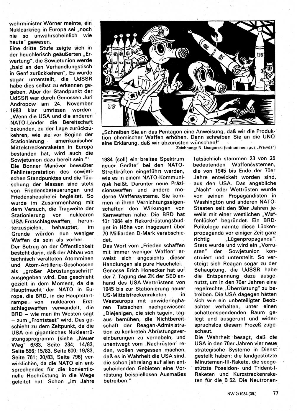 Neuer Weg (NW), Organ des Zentralkomitees (ZK) der SED (Sozialistische Einheitspartei Deutschlands) für Fragen des Parteilebens, 39. Jahrgang [Deutsche Demokratische Republik (DDR)] 1984, Seite 77 (NW ZK SED DDR 1984, S. 77)