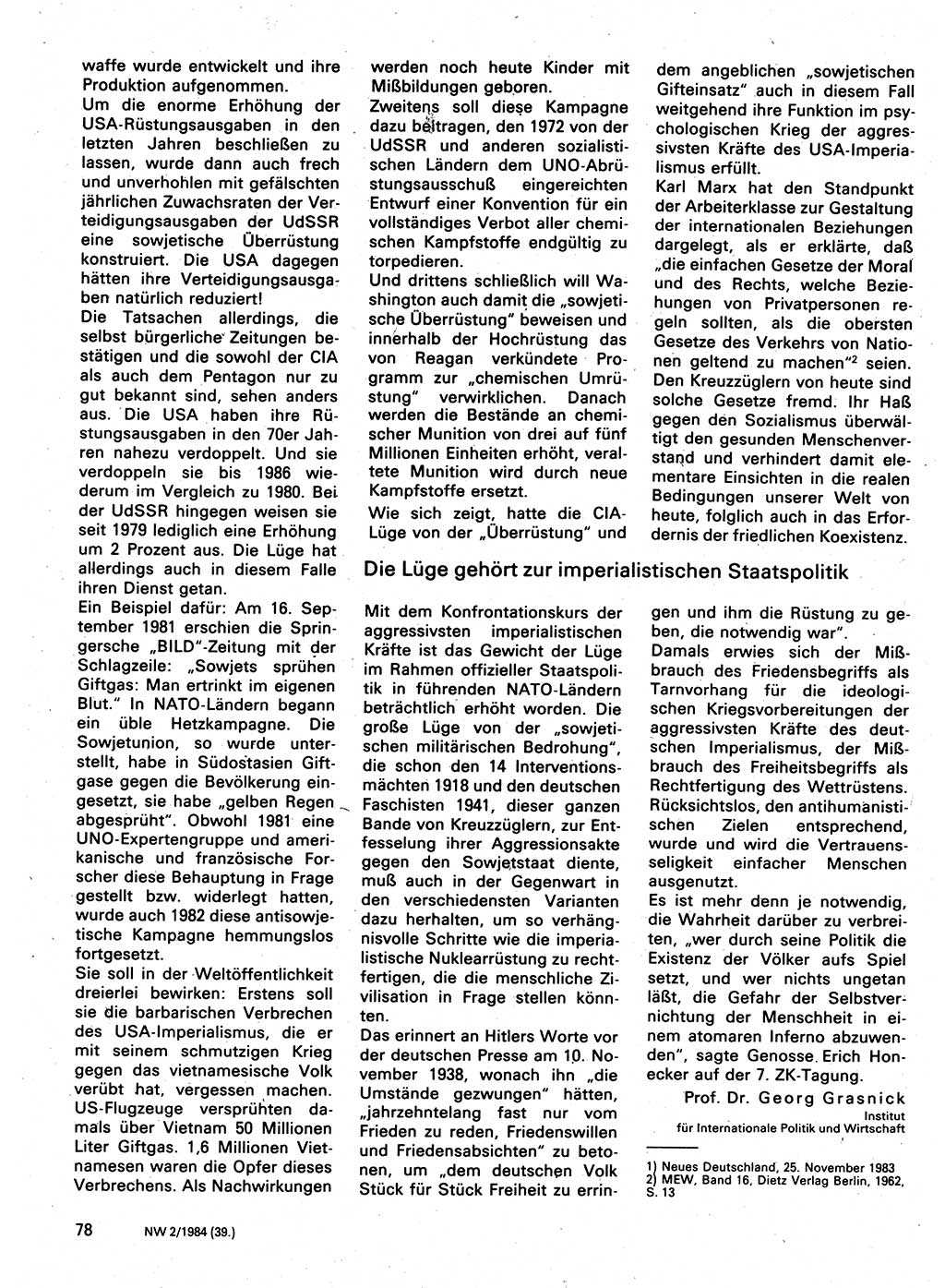 Neuer Weg (NW), Organ des Zentralkomitees (ZK) der SED (Sozialistische Einheitspartei Deutschlands) für Fragen des Parteilebens, 39. Jahrgang [Deutsche Demokratische Republik (DDR)] 1984, Seite 78 (NW ZK SED DDR 1984, S. 78)