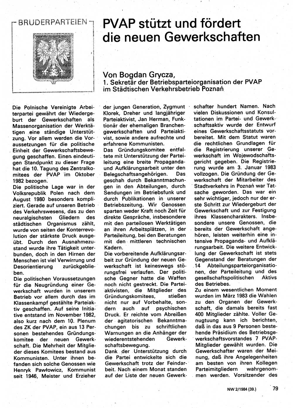 Neuer Weg (NW), Organ des Zentralkomitees (ZK) der SED (Sozialistische Einheitspartei Deutschlands) für Fragen des Parteilebens, 39. Jahrgang [Deutsche Demokratische Republik (DDR)] 1984, Seite 79 (NW ZK SED DDR 1984, S. 79)