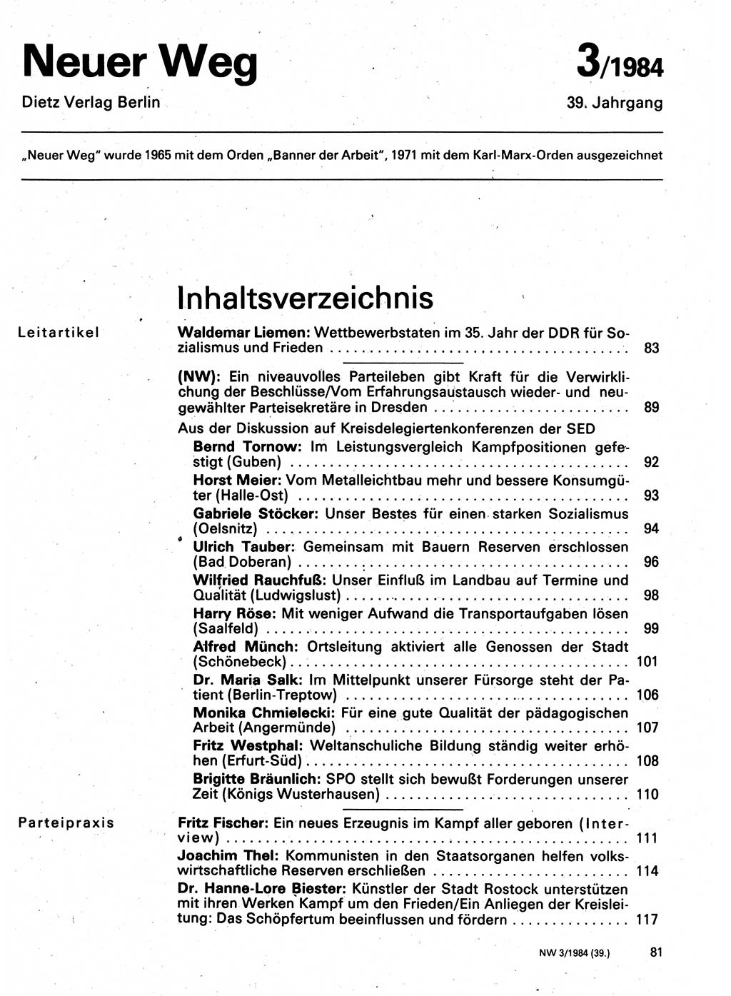 Neuer Weg (NW), Organ des Zentralkomitees (ZK) der SED (Sozialistische Einheitspartei Deutschlands) für Fragen des Parteilebens, 39. Jahrgang [Deutsche Demokratische Republik (DDR)] 1984, Seite 81 (NW ZK SED DDR 1984, S. 81)