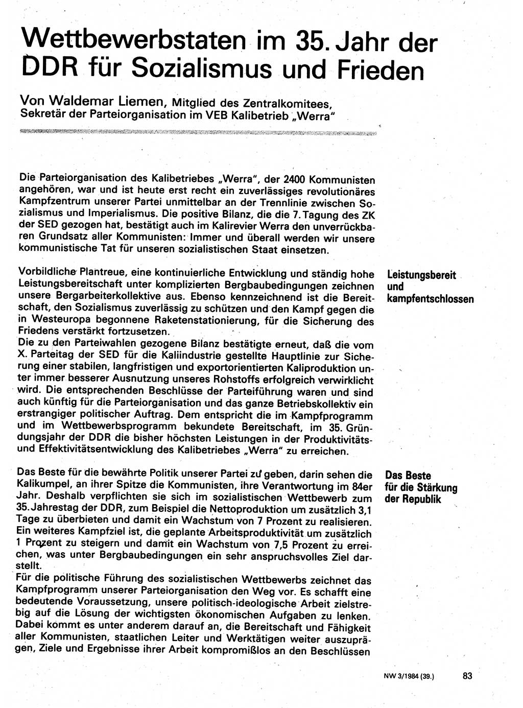 Neuer Weg (NW), Organ des Zentralkomitees (ZK) der SED (Sozialistische Einheitspartei Deutschlands) für Fragen des Parteilebens, 39. Jahrgang [Deutsche Demokratische Republik (DDR)] 1984, Seite 83 (NW ZK SED DDR 1984, S. 83)