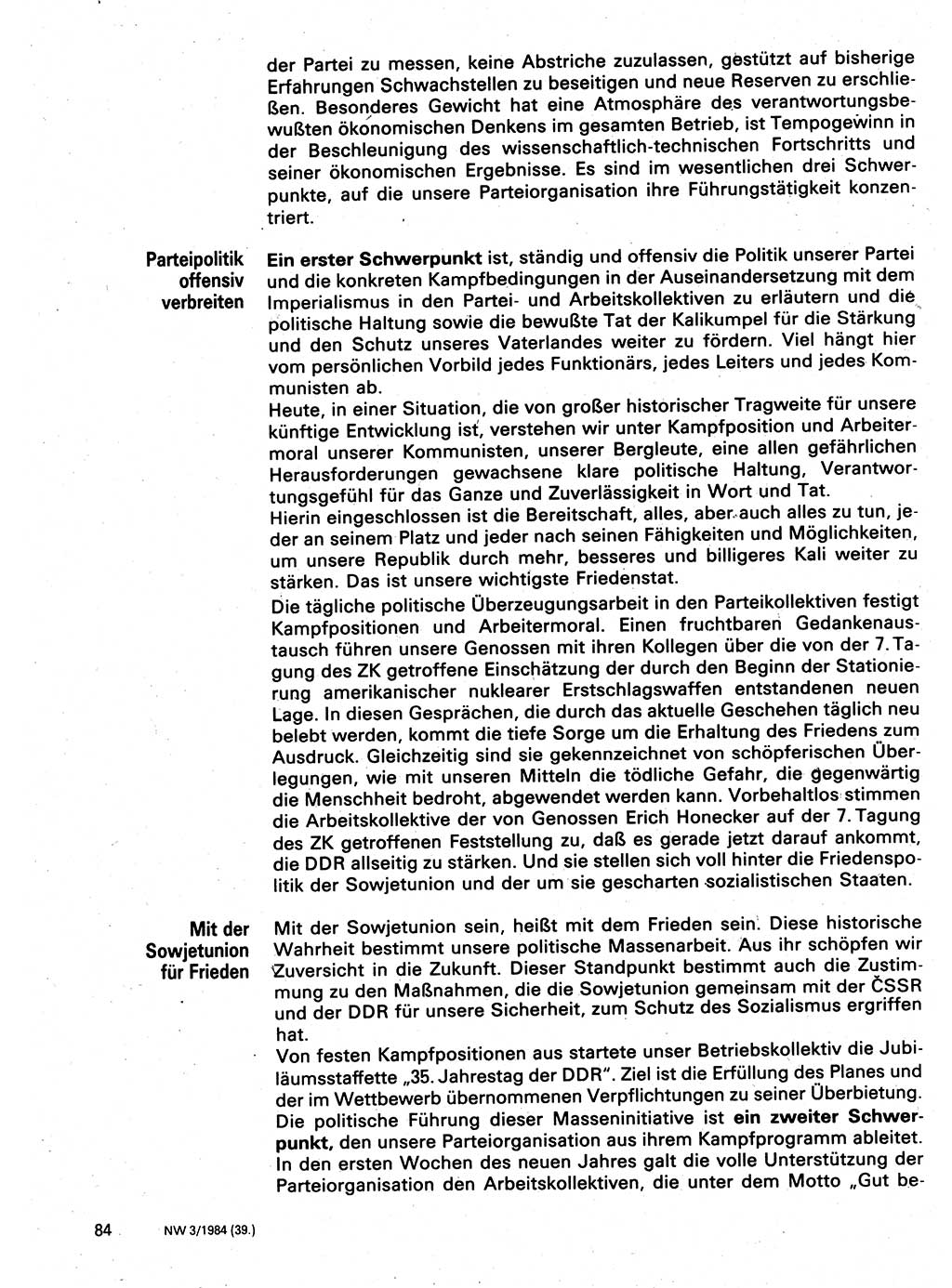 Neuer Weg (NW), Organ des Zentralkomitees (ZK) der SED (Sozialistische Einheitspartei Deutschlands) für Fragen des Parteilebens, 39. Jahrgang [Deutsche Demokratische Republik (DDR)] 1984, Seite 84 (NW ZK SED DDR 1984, S. 84)