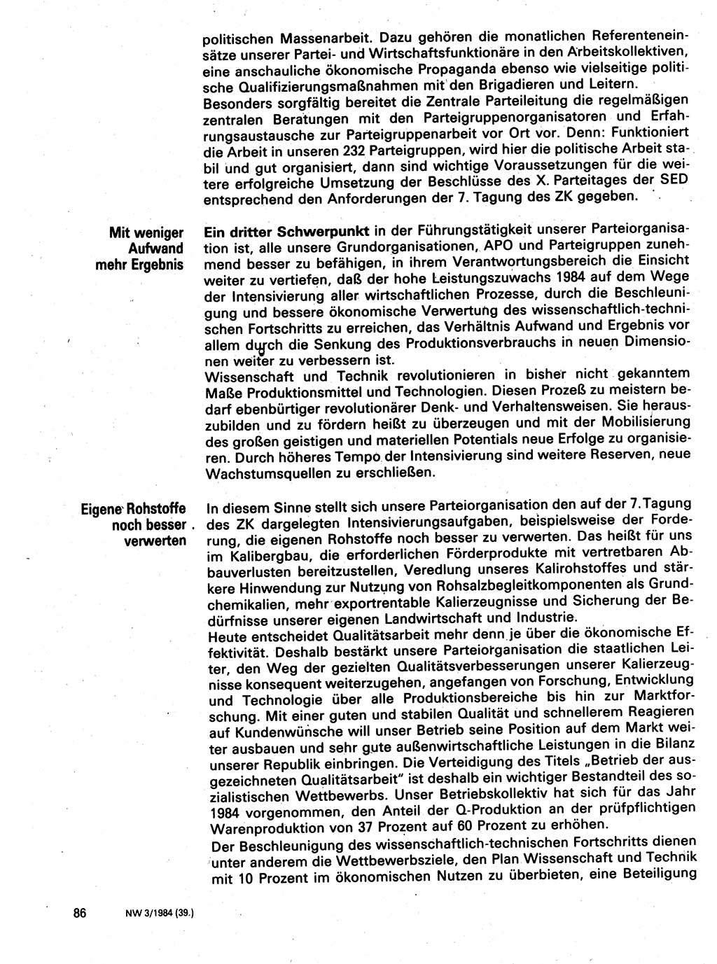 Neuer Weg (NW), Organ des Zentralkomitees (ZK) der SED (Sozialistische Einheitspartei Deutschlands) für Fragen des Parteilebens, 39. Jahrgang [Deutsche Demokratische Republik (DDR)] 1984, Seite 86 (NW ZK SED DDR 1984, S. 86)