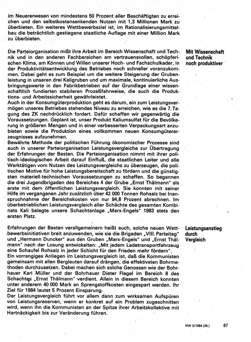 Neuer Weg (NW), Organ des Zentralkomitees (ZK) der SED (Sozialistische Einheitspartei Deutschlands) für Fragen des Parteilebens, 39. Jahrgang [Deutsche Demokratische Republik (DDR)] 1984, Seite 87 (NW ZK SED DDR 1984, S. 87)