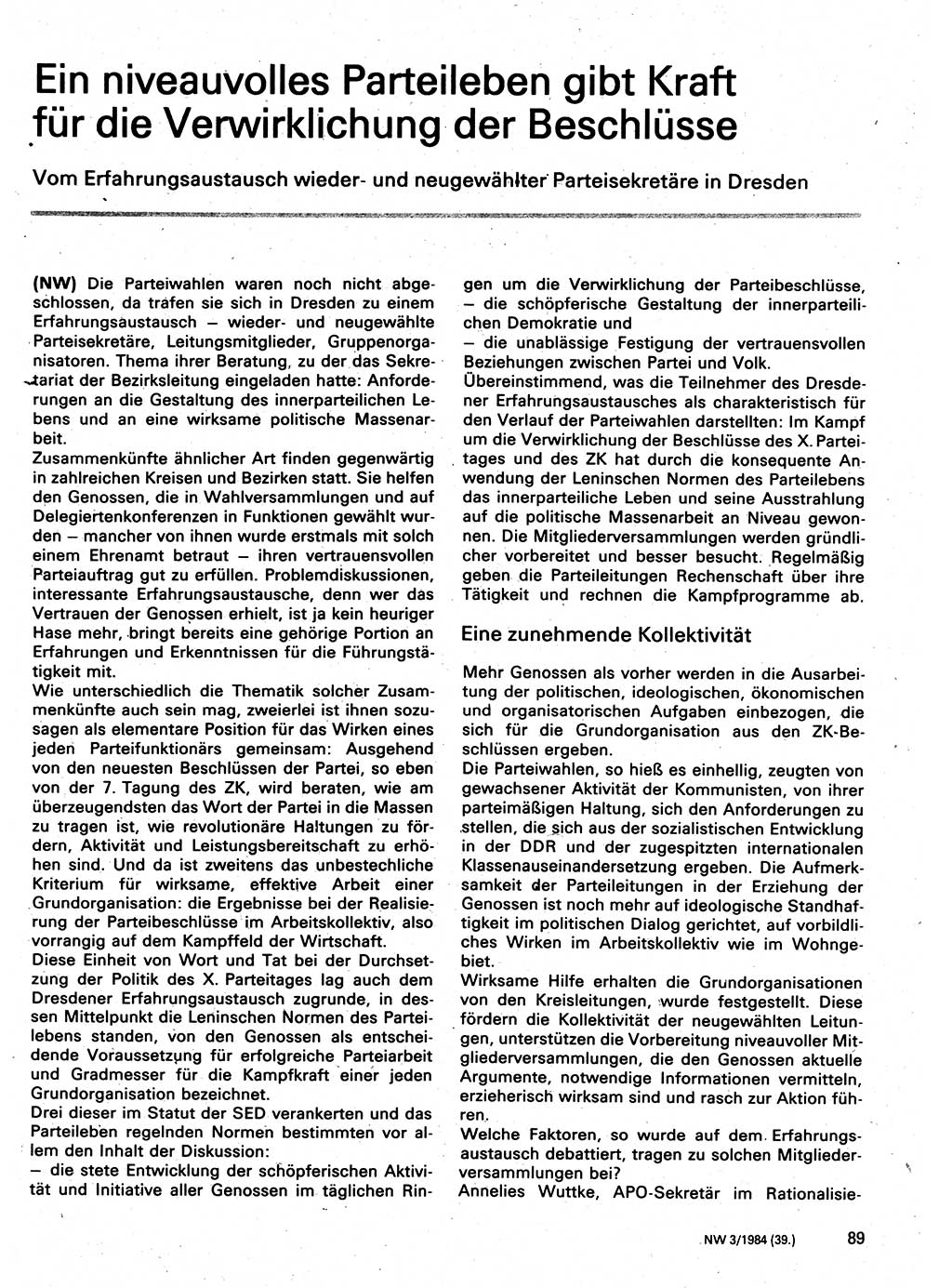 Neuer Weg (NW), Organ des Zentralkomitees (ZK) der SED (Sozialistische Einheitspartei Deutschlands) für Fragen des Parteilebens, 39. Jahrgang [Deutsche Demokratische Republik (DDR)] 1984, Seite 89 (NW ZK SED DDR 1984, S. 89)