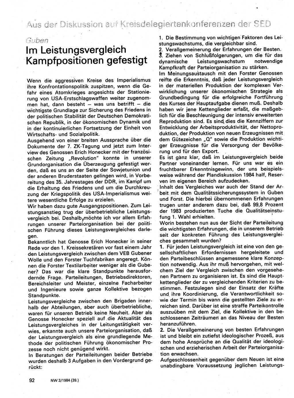 Neuer Weg (NW), Organ des Zentralkomitees (ZK) der SED (Sozialistische Einheitspartei Deutschlands) für Fragen des Parteilebens, 39. Jahrgang [Deutsche Demokratische Republik (DDR)] 1984, Seite 92 (NW ZK SED DDR 1984, S. 92)