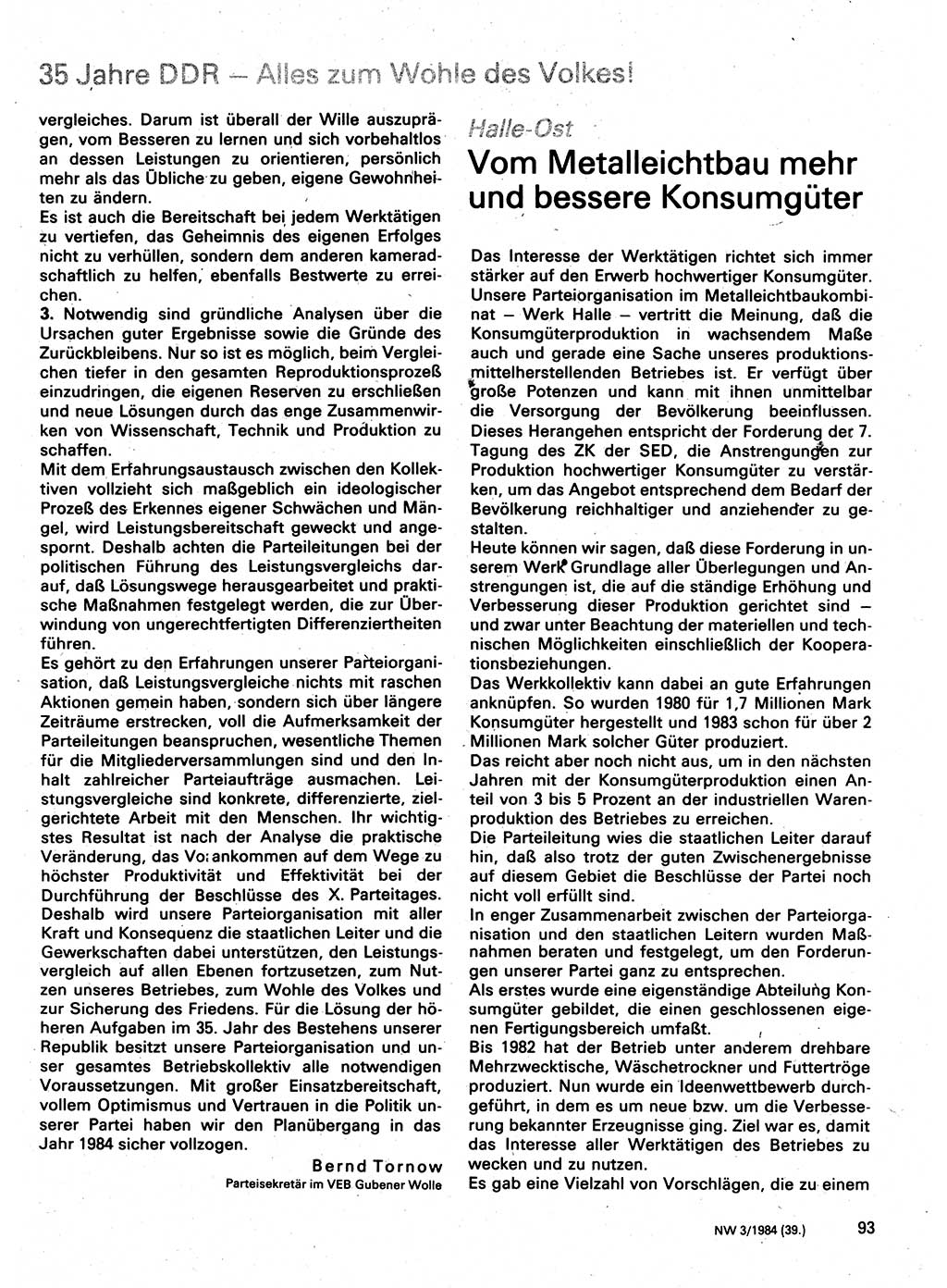 Neuer Weg (NW), Organ des Zentralkomitees (ZK) der SED (Sozialistische Einheitspartei Deutschlands) für Fragen des Parteilebens, 39. Jahrgang [Deutsche Demokratische Republik (DDR)] 1984, Seite 93 (NW ZK SED DDR 1984, S. 93)