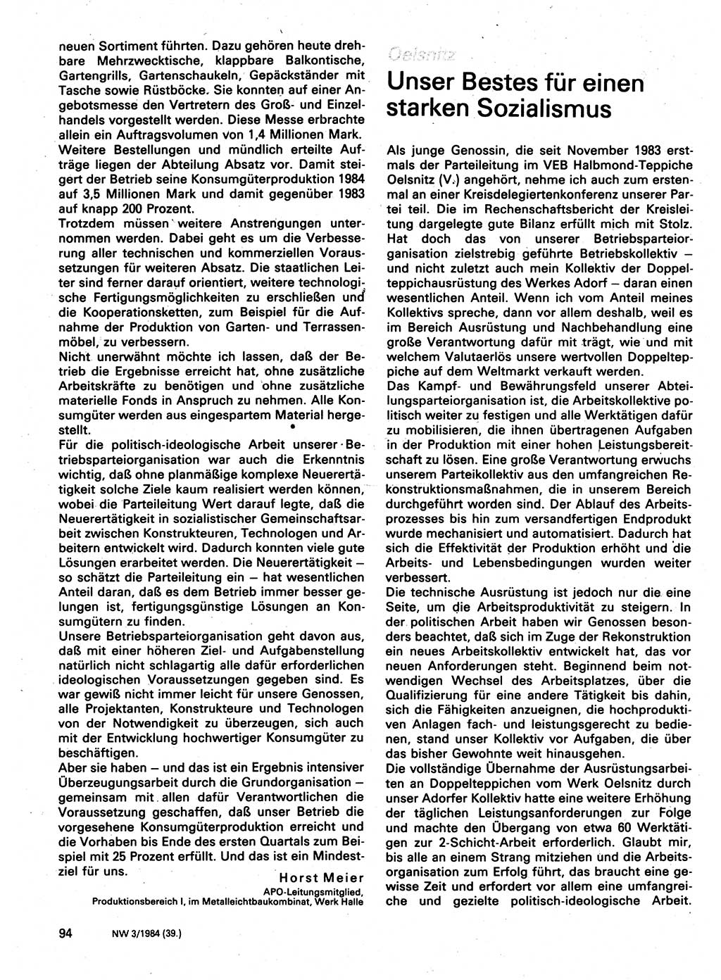Neuer Weg (NW), Organ des Zentralkomitees (ZK) der SED (Sozialistische Einheitspartei Deutschlands) für Fragen des Parteilebens, 39. Jahrgang [Deutsche Demokratische Republik (DDR)] 1984, Seite 94 (NW ZK SED DDR 1984, S. 94)