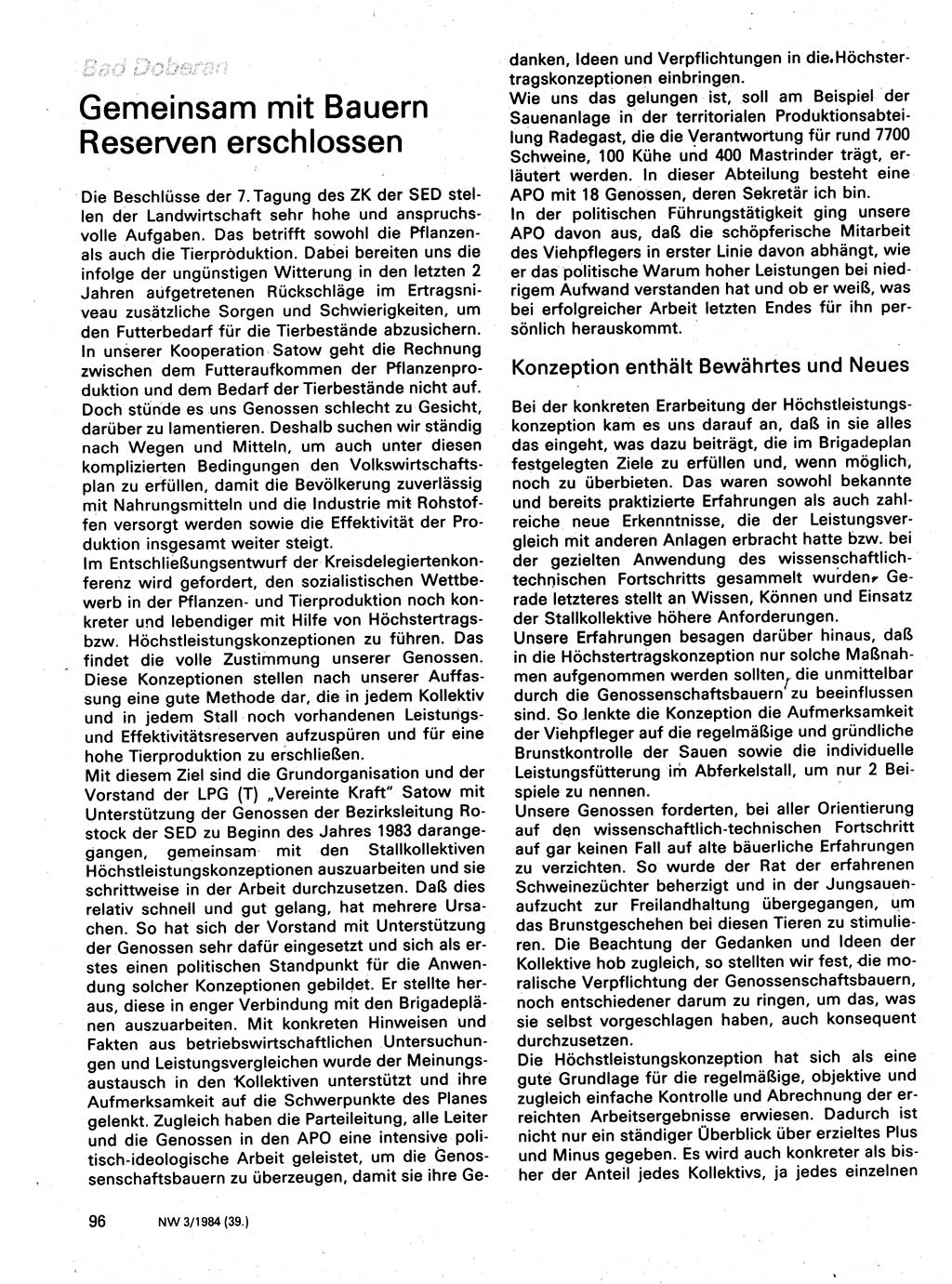 Neuer Weg (NW), Organ des Zentralkomitees (ZK) der SED (Sozialistische Einheitspartei Deutschlands) für Fragen des Parteilebens, 39. Jahrgang [Deutsche Demokratische Republik (DDR)] 1984, Seite 96 (NW ZK SED DDR 1984, S. 96)