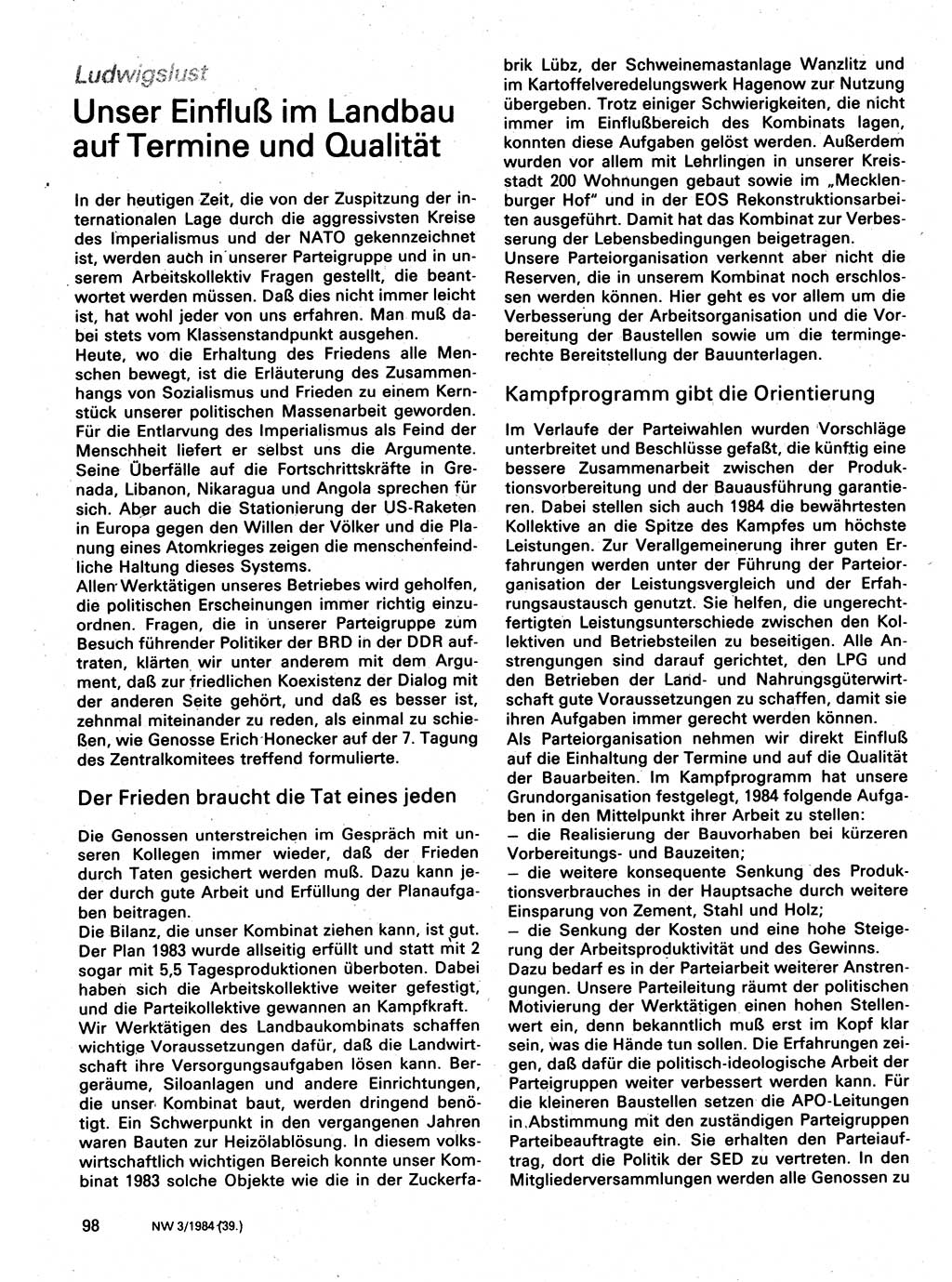 Neuer Weg (NW), Organ des Zentralkomitees (ZK) der SED (Sozialistische Einheitspartei Deutschlands) für Fragen des Parteilebens, 39. Jahrgang [Deutsche Demokratische Republik (DDR)] 1984, Seite 98 (NW ZK SED DDR 1984, S. 98)