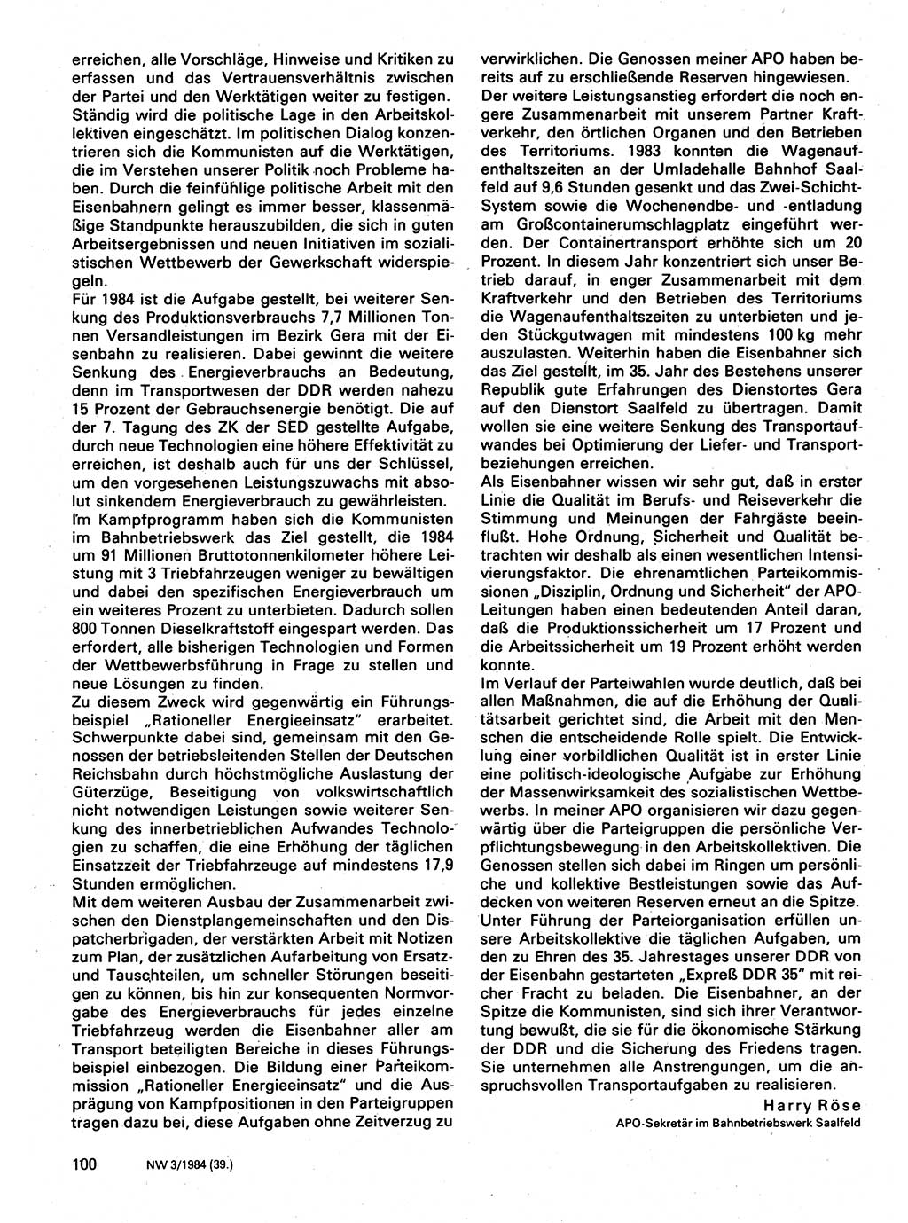 Neuer Weg (NW), Organ des Zentralkomitees (ZK) der SED (Sozialistische Einheitspartei Deutschlands) für Fragen des Parteilebens, 39. Jahrgang [Deutsche Demokratische Republik (DDR)] 1984, Seite 100 (NW ZK SED DDR 1984, S. 100)