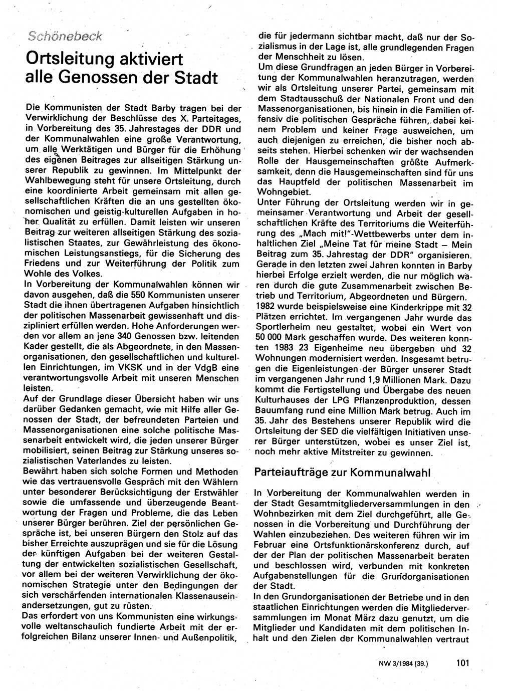 Neuer Weg (NW), Organ des Zentralkomitees (ZK) der SED (Sozialistische Einheitspartei Deutschlands) für Fragen des Parteilebens, 39. Jahrgang [Deutsche Demokratische Republik (DDR)] 1984, Seite 101 (NW ZK SED DDR 1984, S. 101)