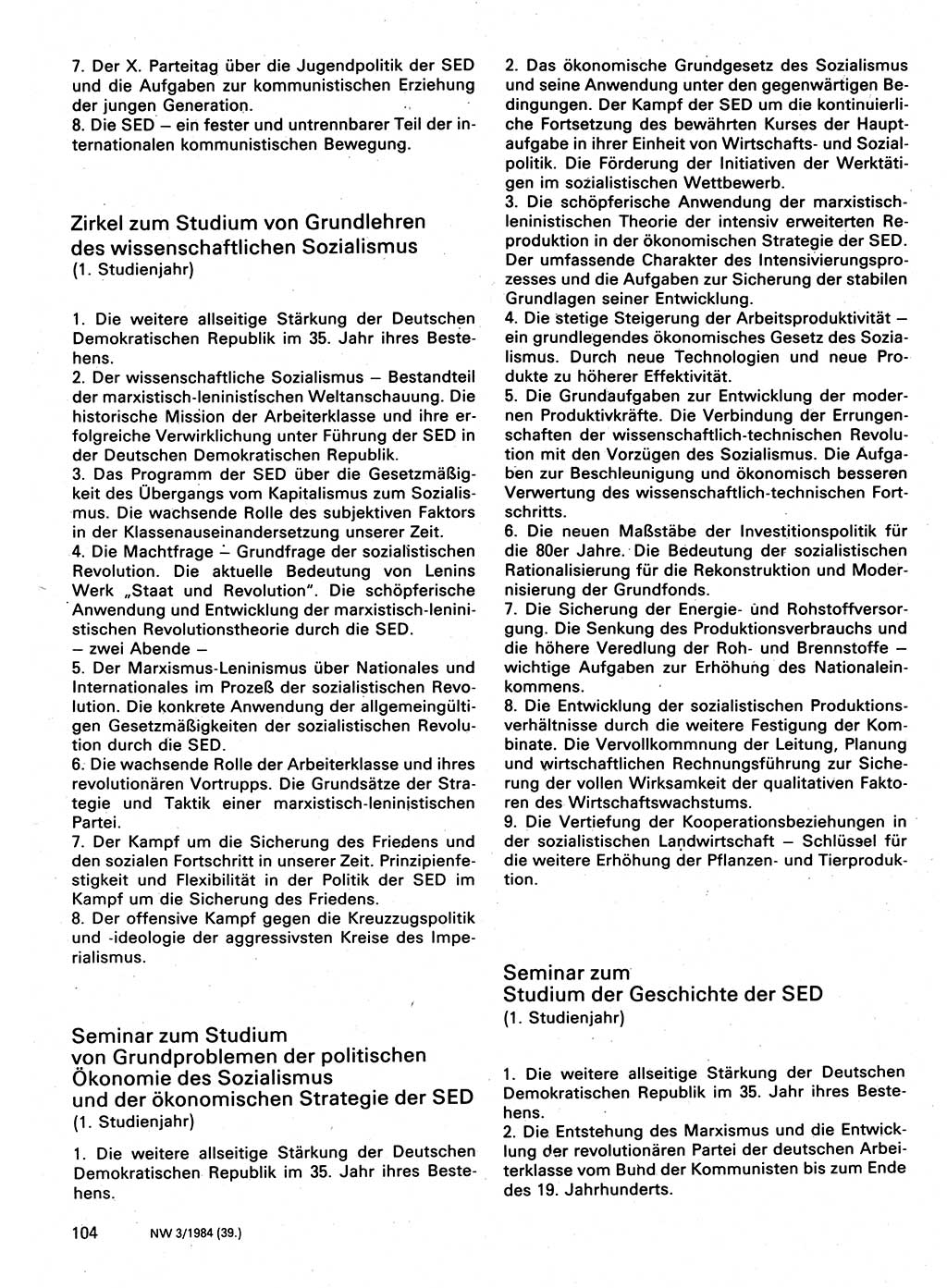 Neuer Weg (NW), Organ des Zentralkomitees (ZK) der SED (Sozialistische Einheitspartei Deutschlands) für Fragen des Parteilebens, 39. Jahrgang [Deutsche Demokratische Republik (DDR)] 1984, Seite 104 (NW ZK SED DDR 1984, S. 104)