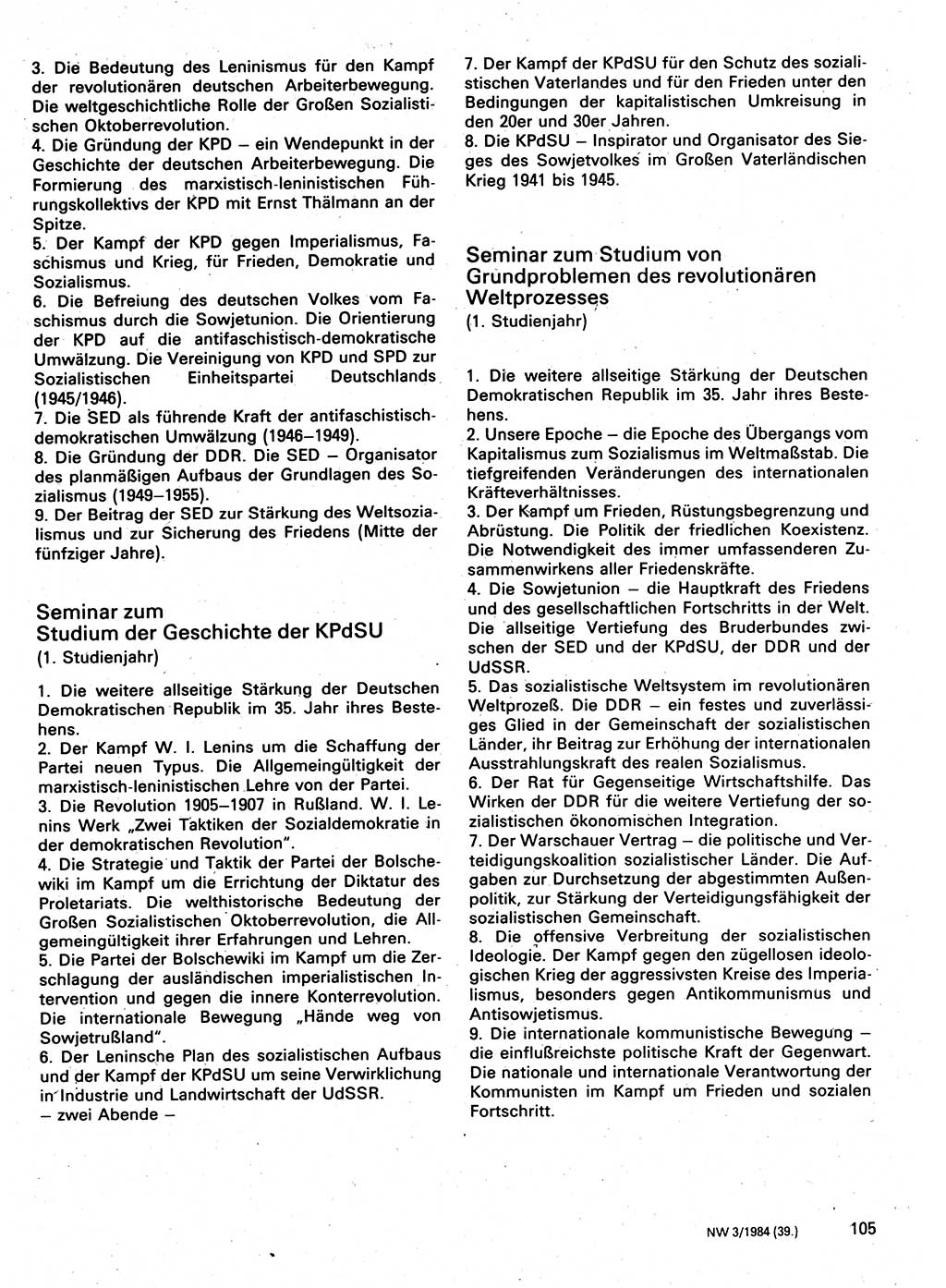 Neuer Weg (NW), Organ des Zentralkomitees (ZK) der SED (Sozialistische Einheitspartei Deutschlands) für Fragen des Parteilebens, 39. Jahrgang [Deutsche Demokratische Republik (DDR)] 1984, Seite 105 (NW ZK SED DDR 1984, S. 105)