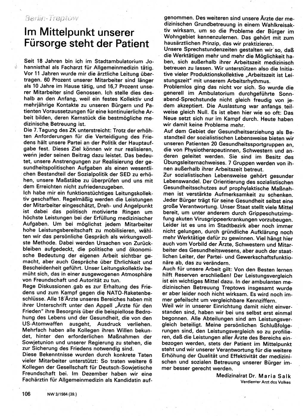 Neuer Weg (NW), Organ des Zentralkomitees (ZK) der SED (Sozialistische Einheitspartei Deutschlands) für Fragen des Parteilebens, 39. Jahrgang [Deutsche Demokratische Republik (DDR)] 1984, Seite 106 (NW ZK SED DDR 1984, S. 106)