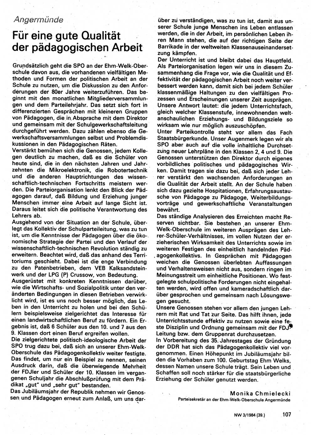 Neuer Weg (NW), Organ des Zentralkomitees (ZK) der SED (Sozialistische Einheitspartei Deutschlands) für Fragen des Parteilebens, 39. Jahrgang [Deutsche Demokratische Republik (DDR)] 1984, Seite 107 (NW ZK SED DDR 1984, S. 107)