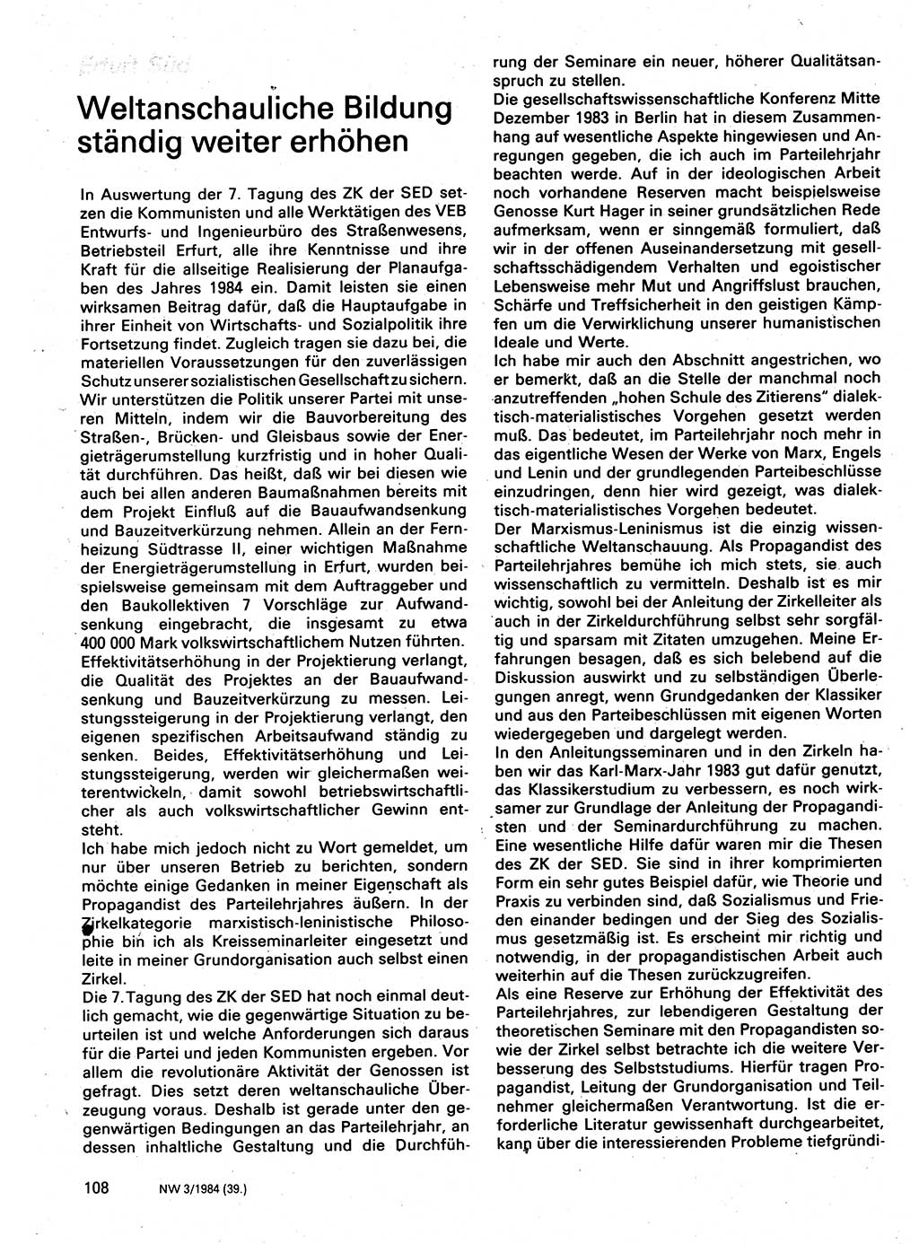 Neuer Weg (NW), Organ des Zentralkomitees (ZK) der SED (Sozialistische Einheitspartei Deutschlands) für Fragen des Parteilebens, 39. Jahrgang [Deutsche Demokratische Republik (DDR)] 1984, Seite 108 (NW ZK SED DDR 1984, S. 108)