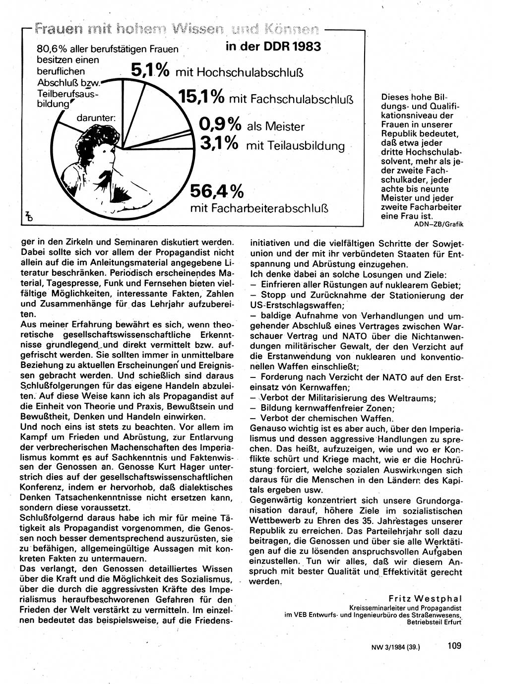 Neuer Weg (NW), Organ des Zentralkomitees (ZK) der SED (Sozialistische Einheitspartei Deutschlands) für Fragen des Parteilebens, 39. Jahrgang [Deutsche Demokratische Republik (DDR)] 1984, Seite 109 (NW ZK SED DDR 1984, S. 109)