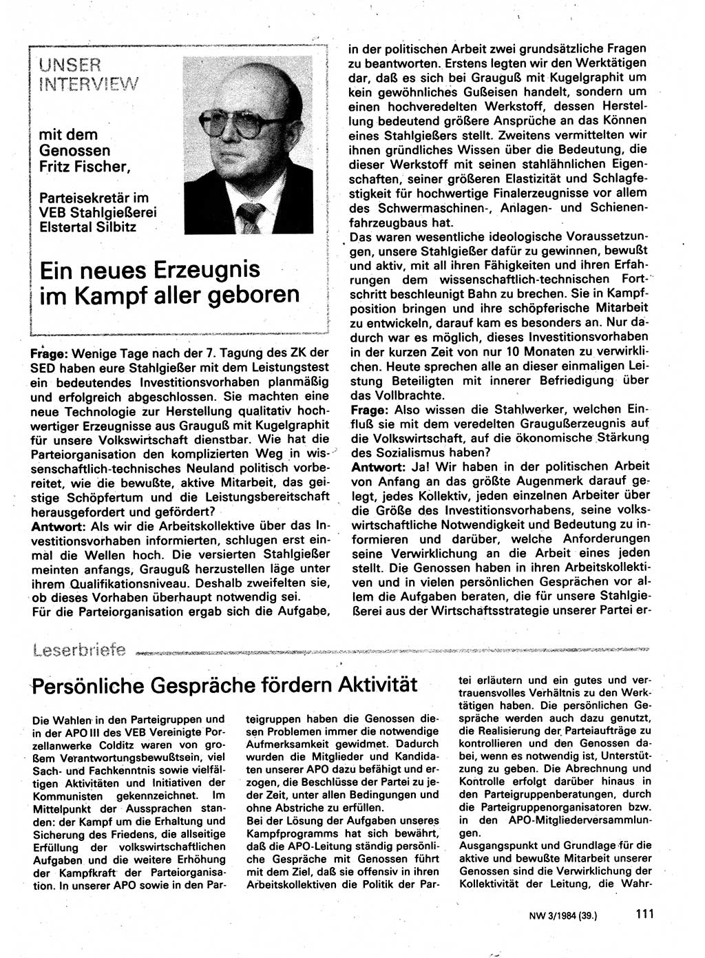 Neuer Weg (NW), Organ des Zentralkomitees (ZK) der SED (Sozialistische Einheitspartei Deutschlands) für Fragen des Parteilebens, 39. Jahrgang [Deutsche Demokratische Republik (DDR)] 1984, Seite 111 (NW ZK SED DDR 1984, S. 111)