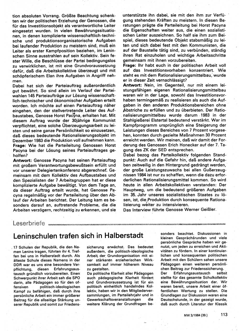 Neuer Weg (NW), Organ des Zentralkomitees (ZK) der SED (Sozialistische Einheitspartei Deutschlands) für Fragen des Parteilebens, 39. Jahrgang [Deutsche Demokratische Republik (DDR)] 1984, Seite 113 (NW ZK SED DDR 1984, S. 113)