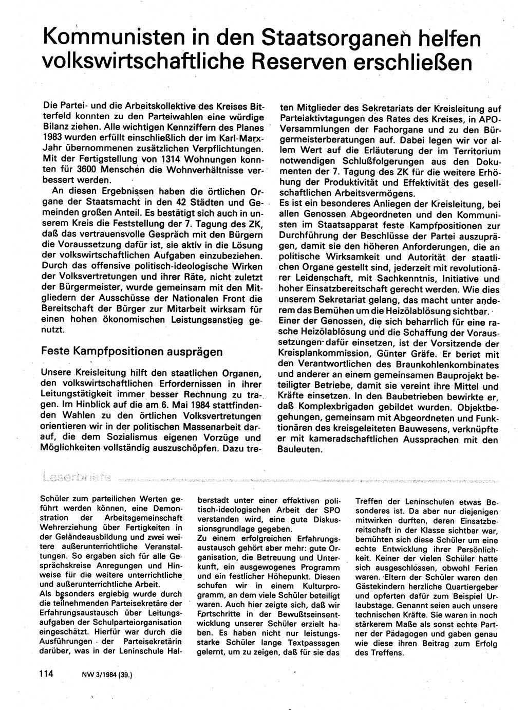 Neuer Weg (NW), Organ des Zentralkomitees (ZK) der SED (Sozialistische Einheitspartei Deutschlands) für Fragen des Parteilebens, 39. Jahrgang [Deutsche Demokratische Republik (DDR)] 1984, Seite 114 (NW ZK SED DDR 1984, S. 114)
