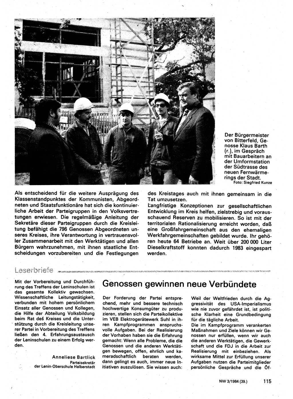 Neuer Weg (NW), Organ des Zentralkomitees (ZK) der SED (Sozialistische Einheitspartei Deutschlands) für Fragen des Parteilebens, 39. Jahrgang [Deutsche Demokratische Republik (DDR)] 1984, Seite 115 (NW ZK SED DDR 1984, S. 115)