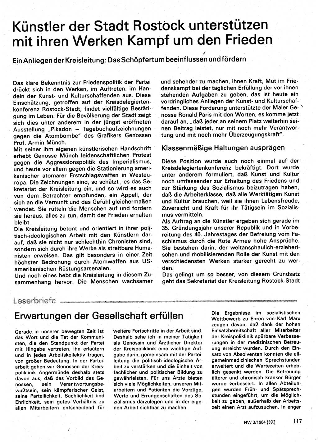 Neuer Weg (NW), Organ des Zentralkomitees (ZK) der SED (Sozialistische Einheitspartei Deutschlands) für Fragen des Parteilebens, 39. Jahrgang [Deutsche Demokratische Republik (DDR)] 1984, Seite 117 (NW ZK SED DDR 1984, S. 117)