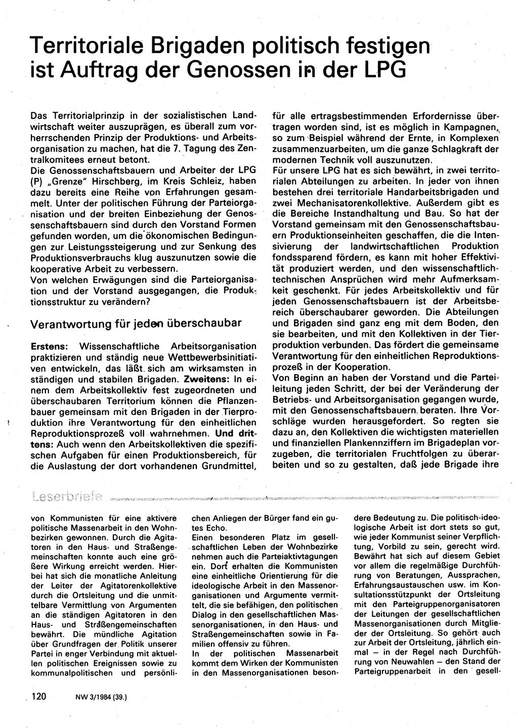 Neuer Weg (NW), Organ des Zentralkomitees (ZK) der SED (Sozialistische Einheitspartei Deutschlands) für Fragen des Parteilebens, 39. Jahrgang [Deutsche Demokratische Republik (DDR)] 1984, Seite 120 (NW ZK SED DDR 1984, S. 120)