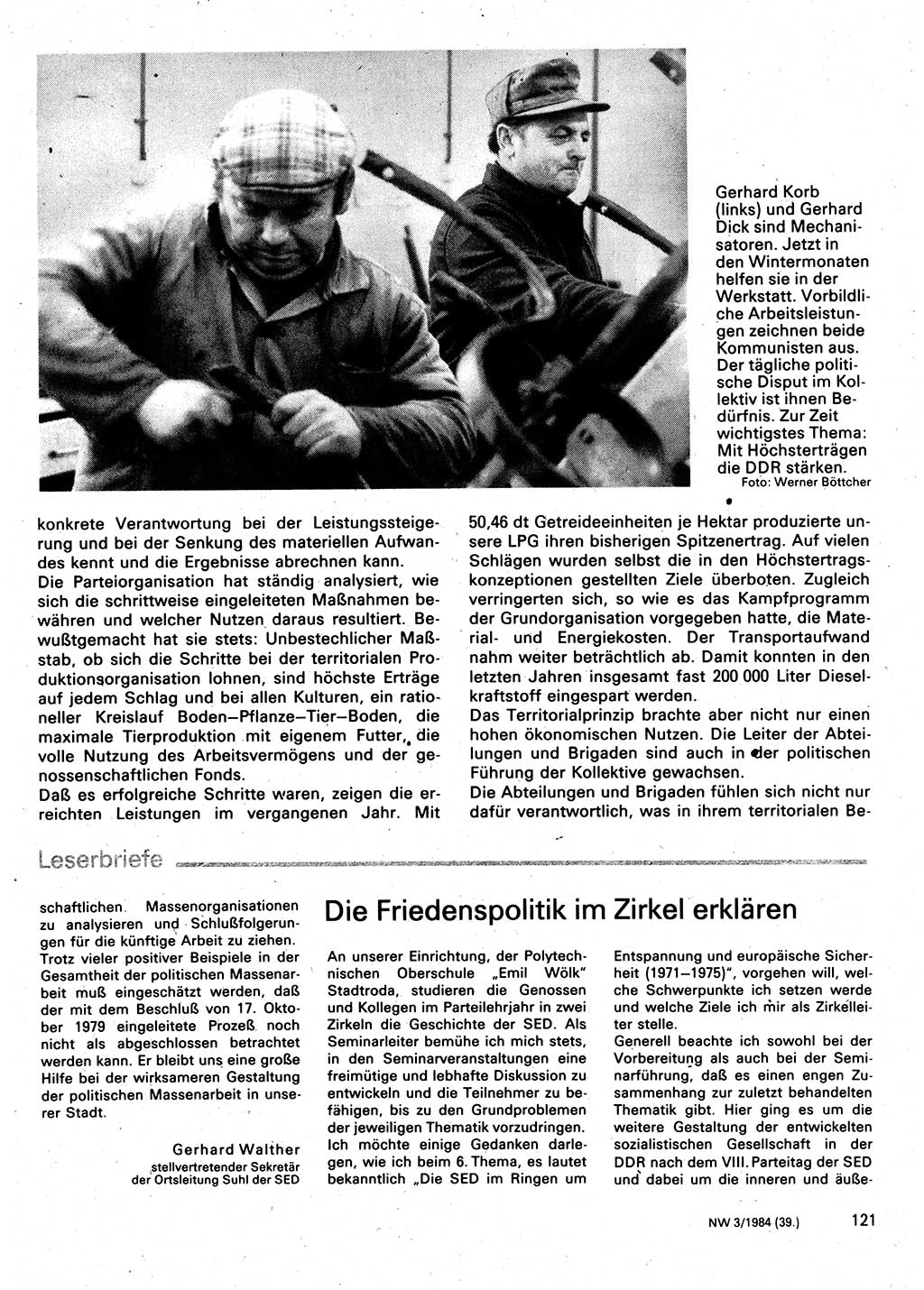 Neuer Weg (NW), Organ des Zentralkomitees (ZK) der SED (Sozialistische Einheitspartei Deutschlands) für Fragen des Parteilebens, 39. Jahrgang [Deutsche Demokratische Republik (DDR)] 1984, Seite 121 (NW ZK SED DDR 1984, S. 121)