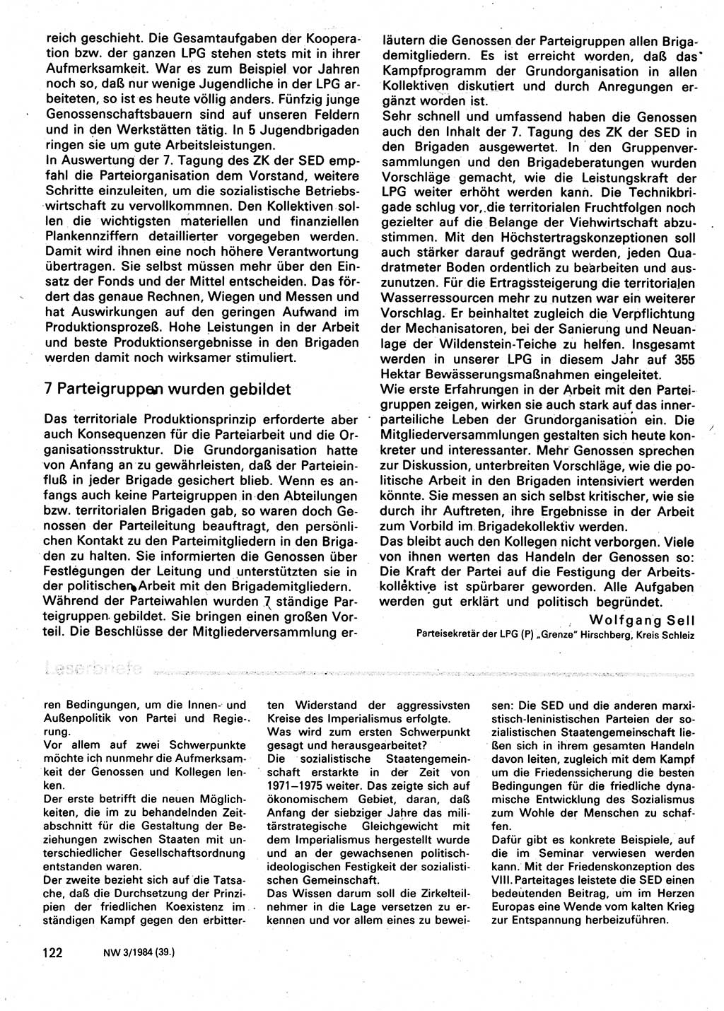 Neuer Weg (NW), Organ des Zentralkomitees (ZK) der SED (Sozialistische Einheitspartei Deutschlands) für Fragen des Parteilebens, 39. Jahrgang [Deutsche Demokratische Republik (DDR)] 1984, Seite 122 (NW ZK SED DDR 1984, S. 122)