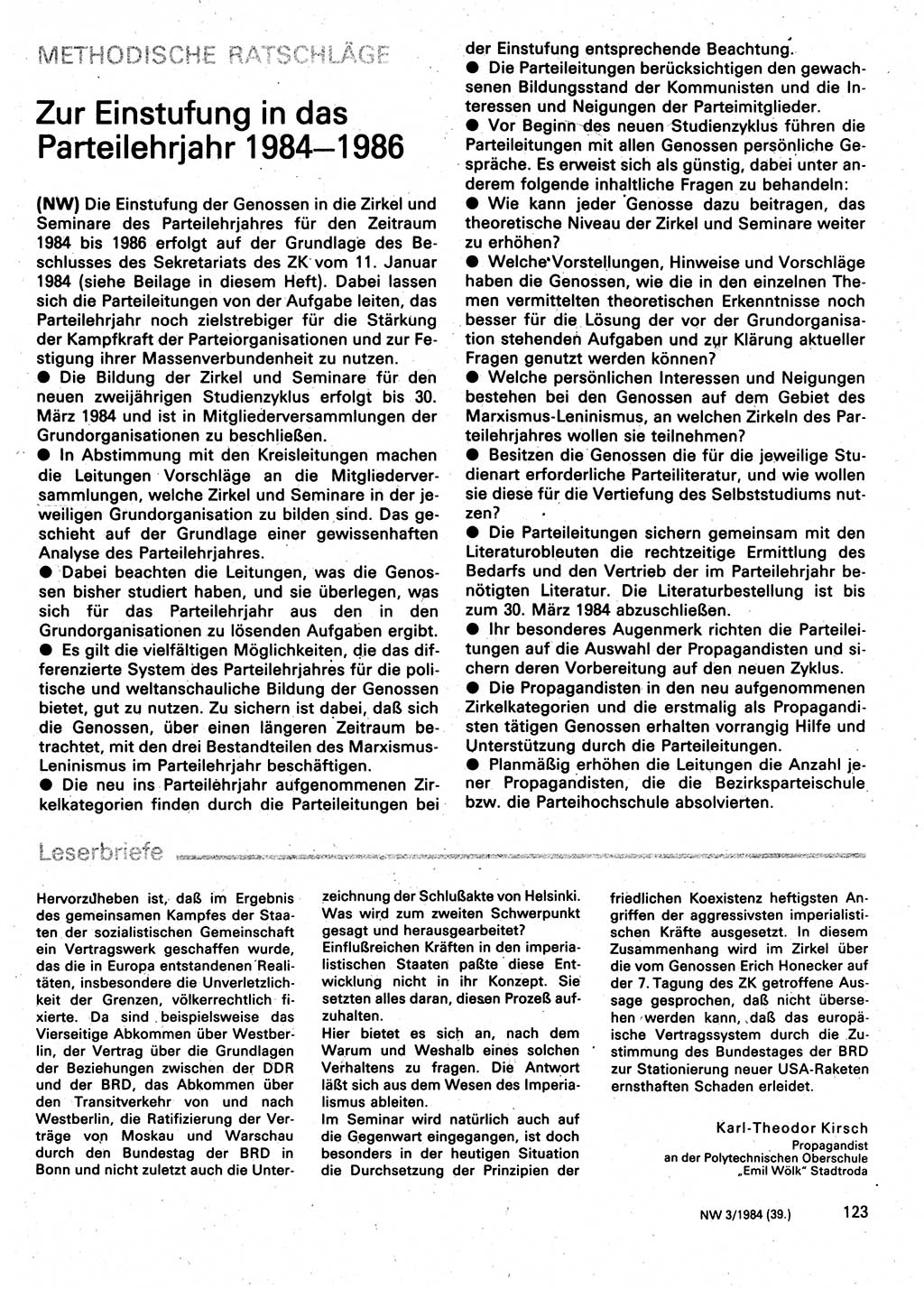 Neuer Weg (NW), Organ des Zentralkomitees (ZK) der SED (Sozialistische Einheitspartei Deutschlands) für Fragen des Parteilebens, 39. Jahrgang [Deutsche Demokratische Republik (DDR)] 1984, Seite 123 (NW ZK SED DDR 1984, S. 123)