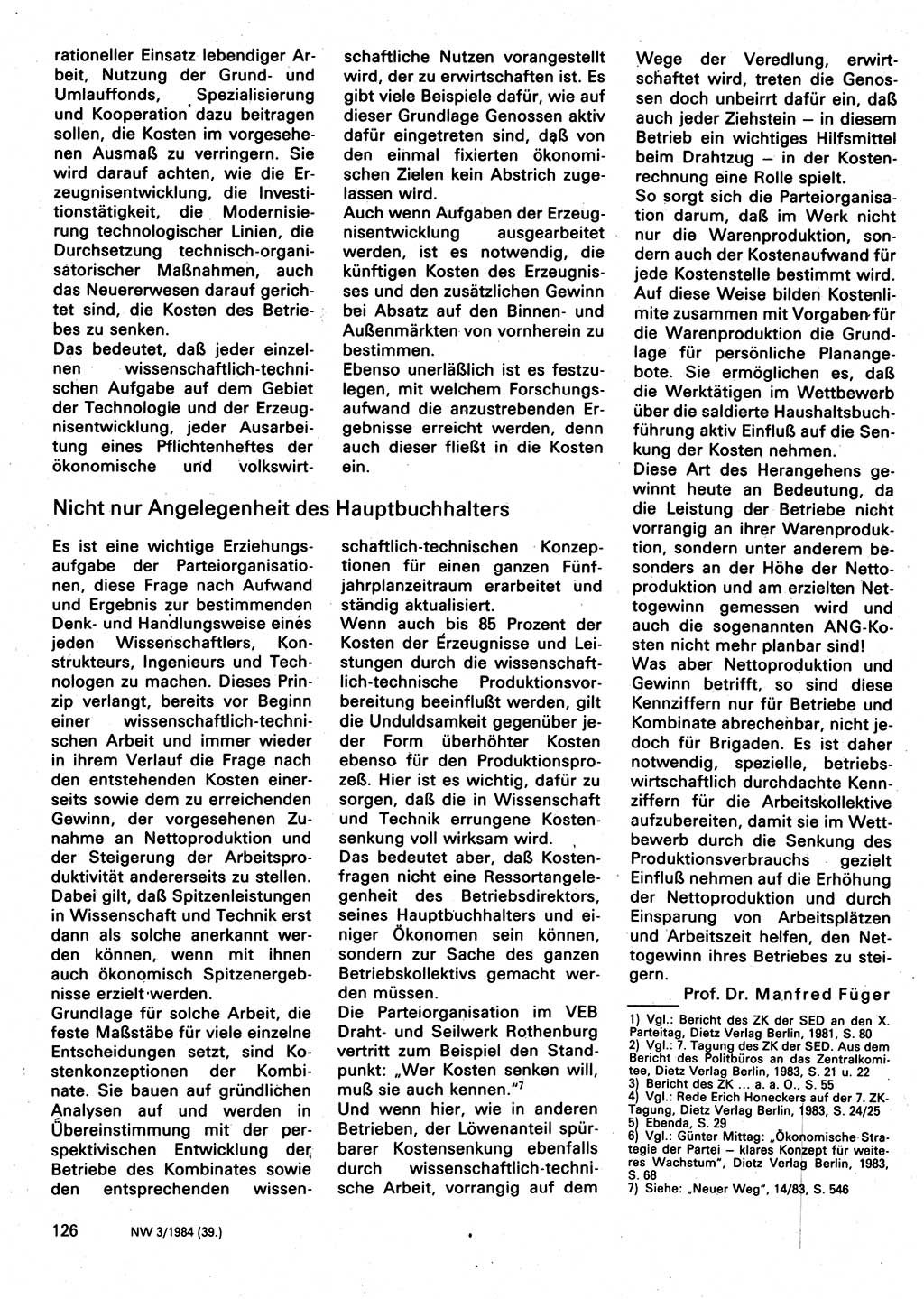 Neuer Weg (NW), Organ des Zentralkomitees (ZK) der SED (Sozialistische Einheitspartei Deutschlands) für Fragen des Parteilebens, 39. Jahrgang [Deutsche Demokratische Republik (DDR)] 1984, Seite 126 (NW ZK SED DDR 1984, S. 126)