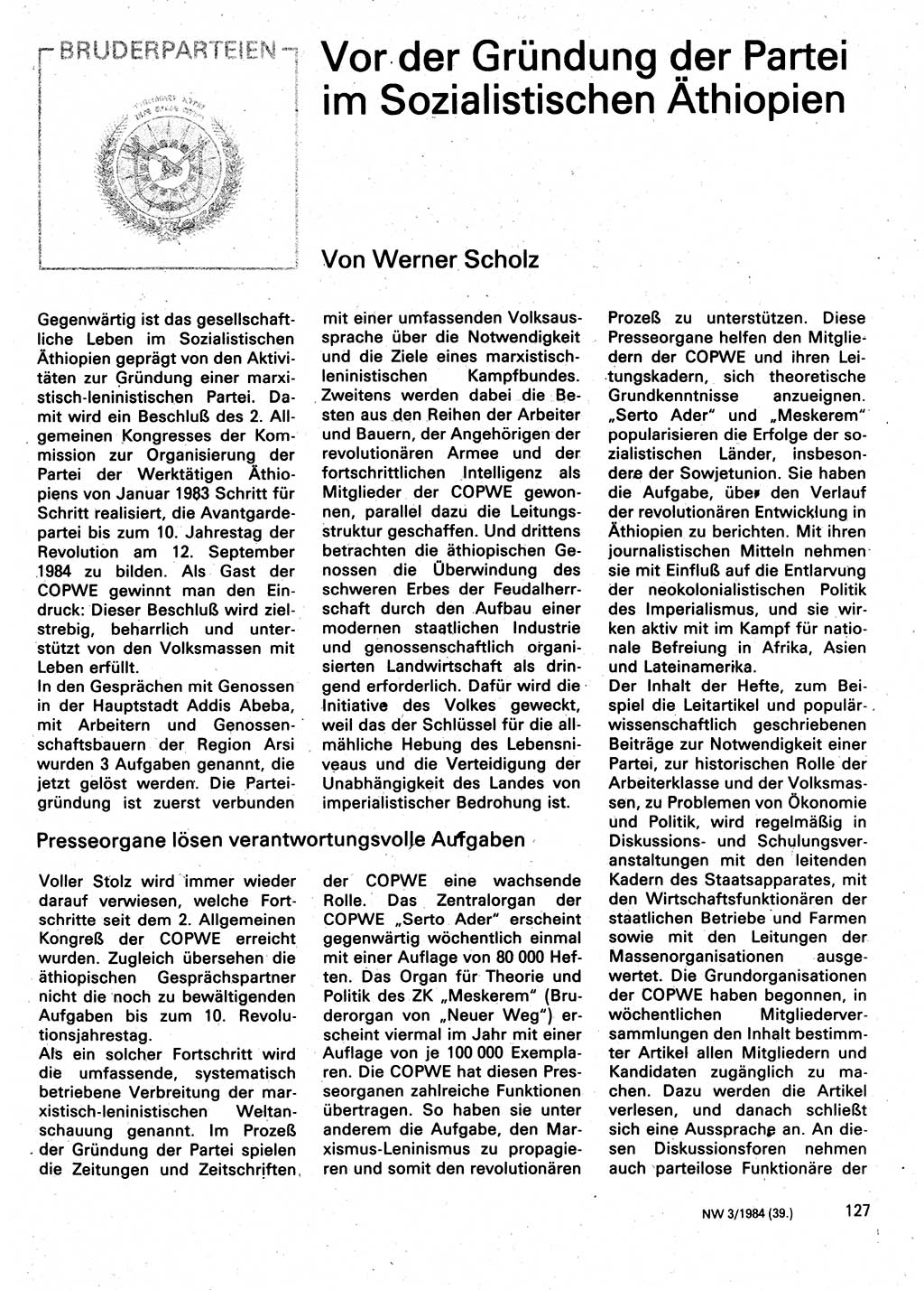 Neuer Weg (NW), Organ des Zentralkomitees (ZK) der SED (Sozialistische Einheitspartei Deutschlands) für Fragen des Parteilebens, 39. Jahrgang [Deutsche Demokratische Republik (DDR)] 1984, Seite 127 (NW ZK SED DDR 1984, S. 127)