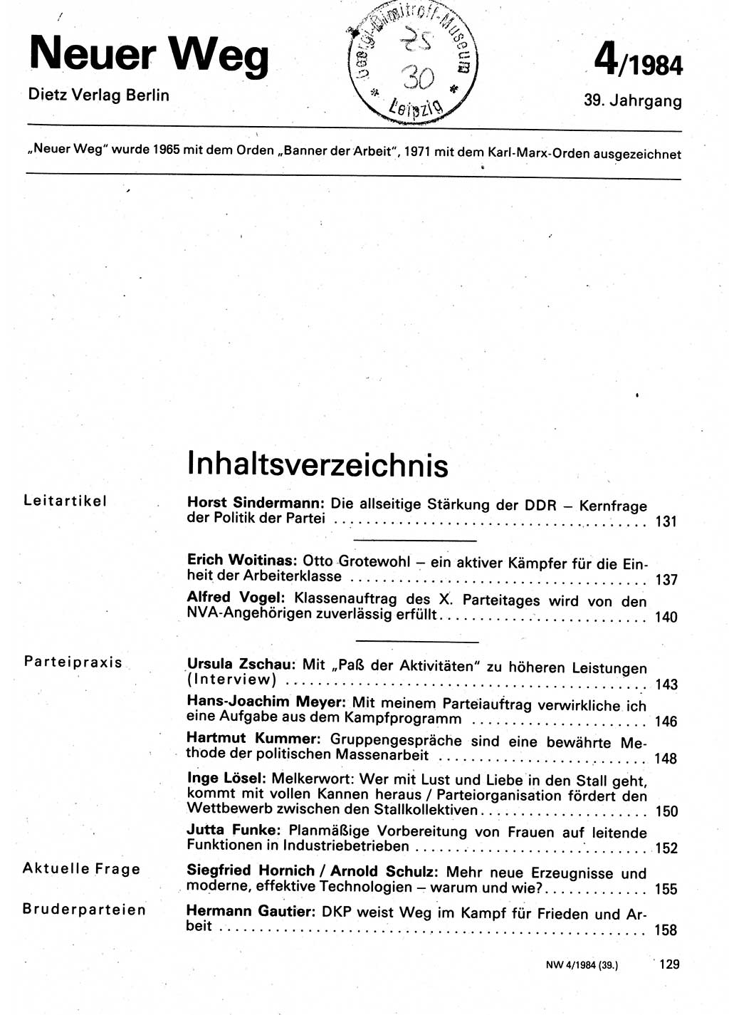 Neuer Weg (NW), Organ des Zentralkomitees (ZK) der SED (Sozialistische Einheitspartei Deutschlands) für Fragen des Parteilebens, 39. Jahrgang [Deutsche Demokratische Republik (DDR)] 1984, Seite 129 (NW ZK SED DDR 1984, S. 129)