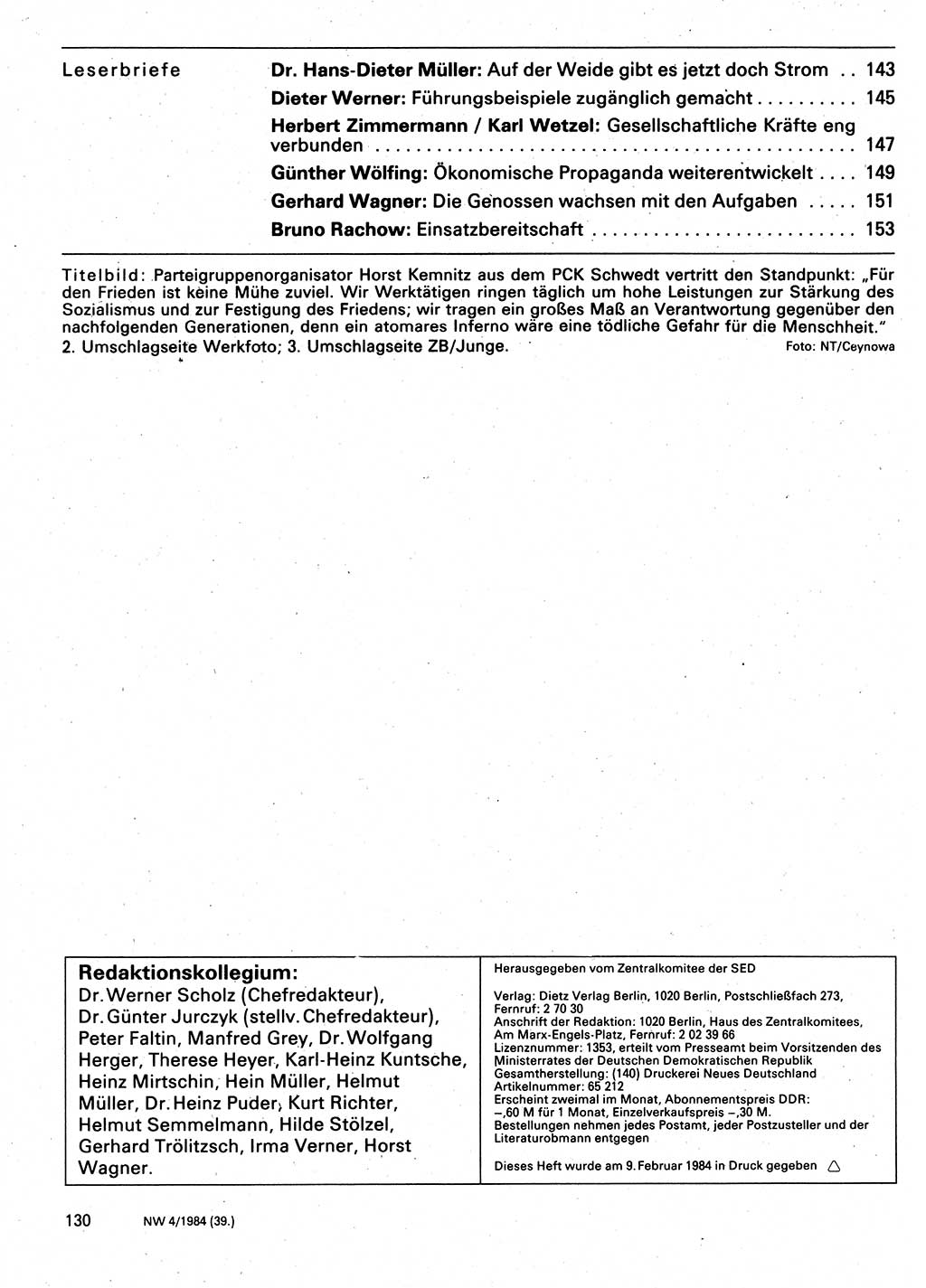 Neuer Weg (NW), Organ des Zentralkomitees (ZK) der SED (Sozialistische Einheitspartei Deutschlands) für Fragen des Parteilebens, 39. Jahrgang [Deutsche Demokratische Republik (DDR)] 1984, Seite 130 (NW ZK SED DDR 1984, S. 130)