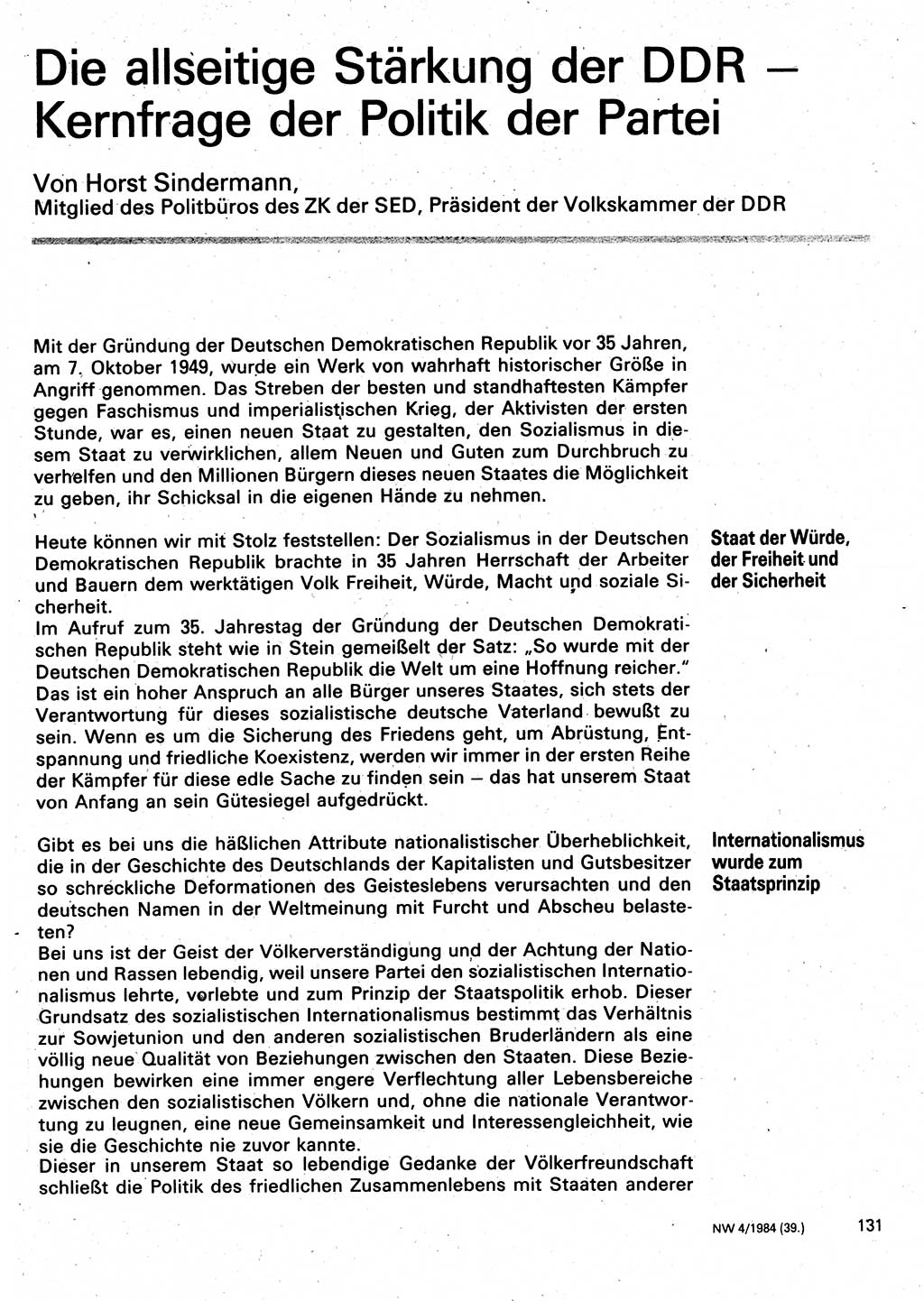 Neuer Weg (NW), Organ des Zentralkomitees (ZK) der SED (Sozialistische Einheitspartei Deutschlands) für Fragen des Parteilebens, 39. Jahrgang [Deutsche Demokratische Republik (DDR)] 1984, Seite 131 (NW ZK SED DDR 1984, S. 131)