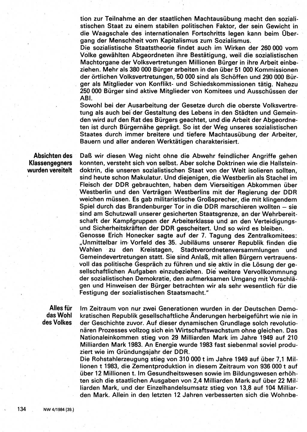 Neuer Weg (NW), Organ des Zentralkomitees (ZK) der SED (Sozialistische Einheitspartei Deutschlands) für Fragen des Parteilebens, 39. Jahrgang [Deutsche Demokratische Republik (DDR)] 1984, Seite 134 (NW ZK SED DDR 1984, S. 134)