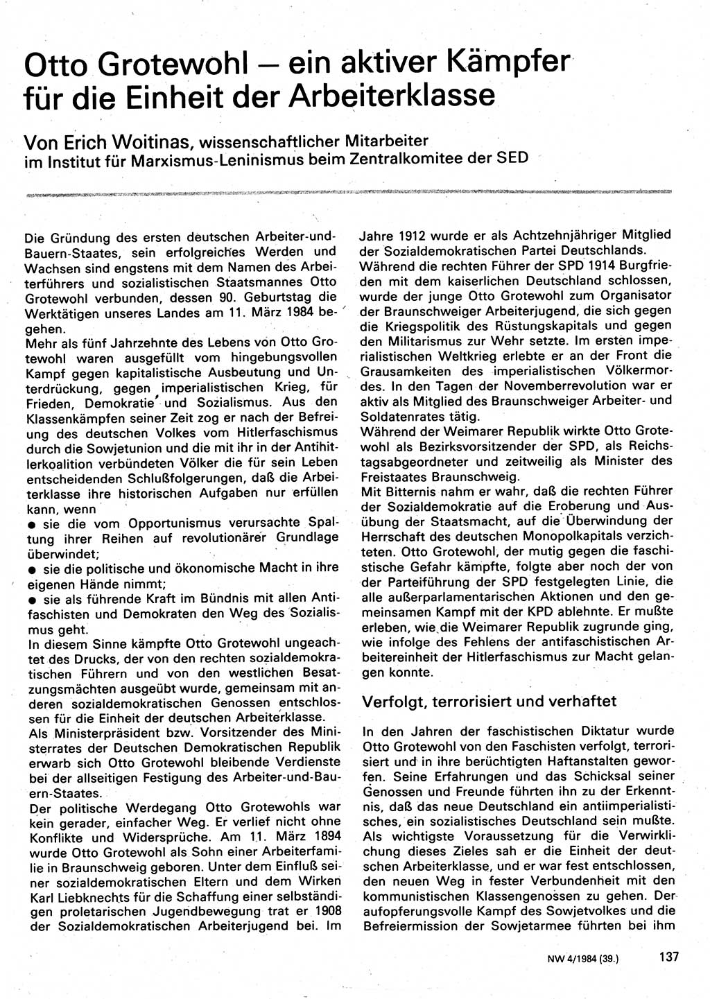 Neuer Weg (NW), Organ des Zentralkomitees (ZK) der SED (Sozialistische Einheitspartei Deutschlands) für Fragen des Parteilebens, 39. Jahrgang [Deutsche Demokratische Republik (DDR)] 1984, Seite 137 (NW ZK SED DDR 1984, S. 137)