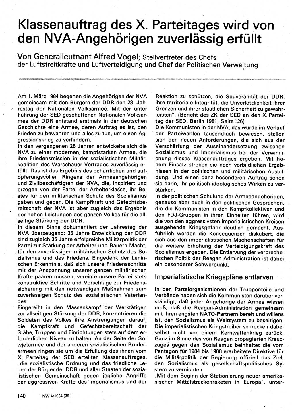 Neuer Weg (NW), Organ des Zentralkomitees (ZK) der SED (Sozialistische Einheitspartei Deutschlands) für Fragen des Parteilebens, 39. Jahrgang [Deutsche Demokratische Republik (DDR)] 1984, Seite 140 (NW ZK SED DDR 1984, S. 140)