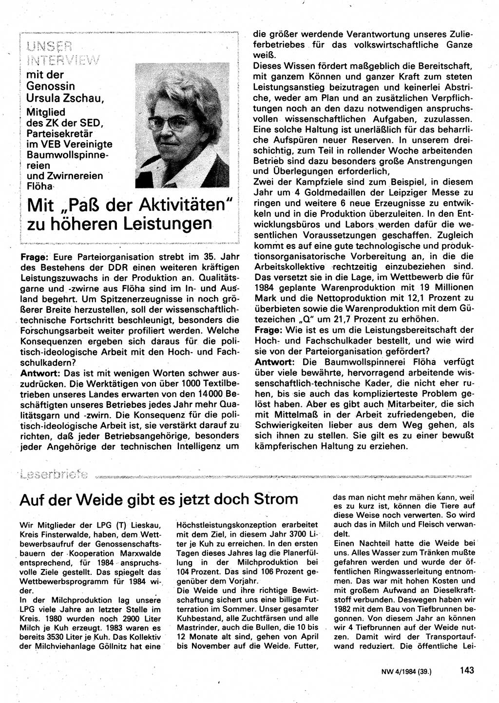 Neuer Weg (NW), Organ des Zentralkomitees (ZK) der SED (Sozialistische Einheitspartei Deutschlands) für Fragen des Parteilebens, 39. Jahrgang [Deutsche Demokratische Republik (DDR)] 1984, Seite 143 (NW ZK SED DDR 1984, S. 143)