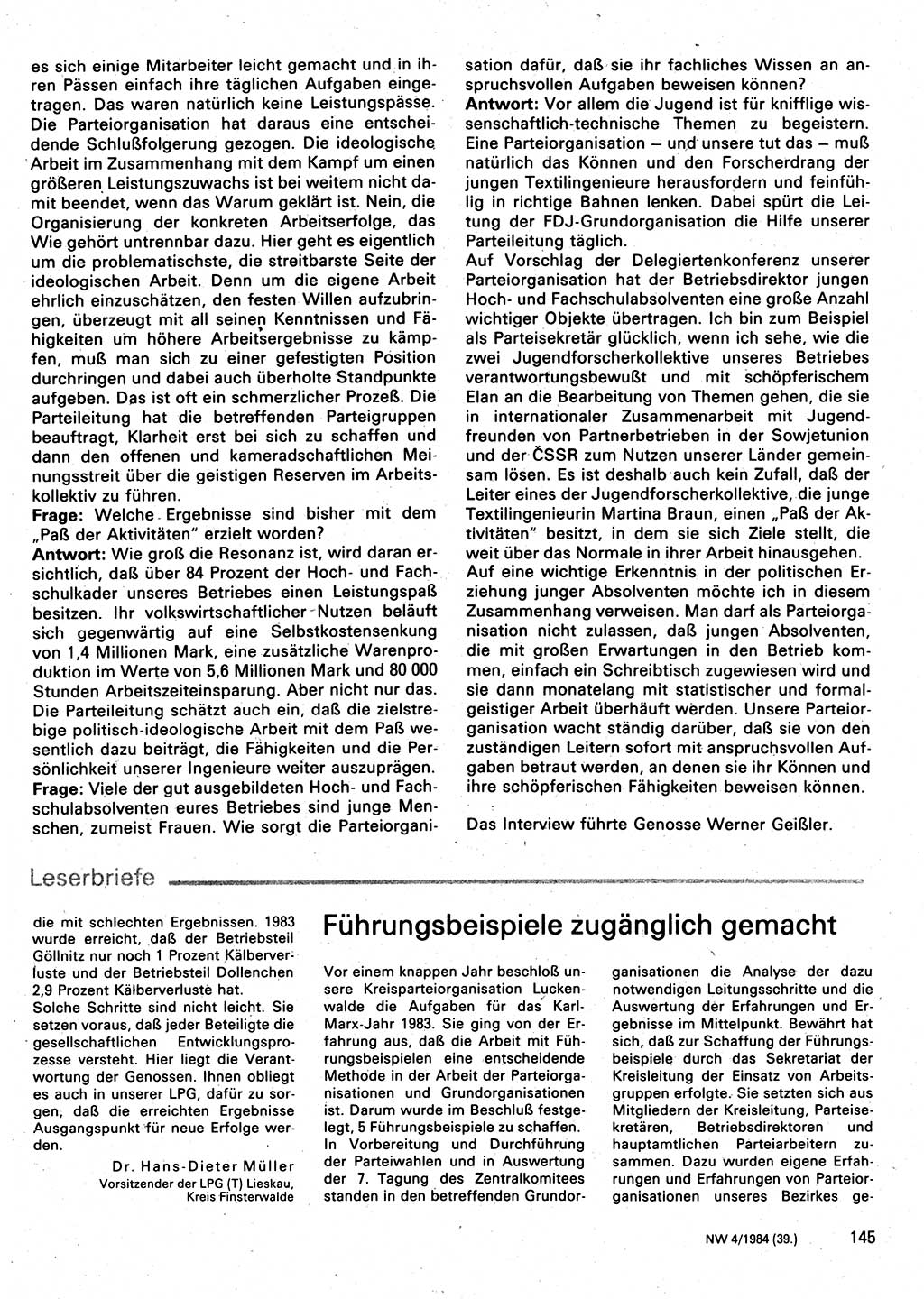 Neuer Weg (NW), Organ des Zentralkomitees (ZK) der SED (Sozialistische Einheitspartei Deutschlands) für Fragen des Parteilebens, 39. Jahrgang [Deutsche Demokratische Republik (DDR)] 1984, Seite 145 (NW ZK SED DDR 1984, S. 145)