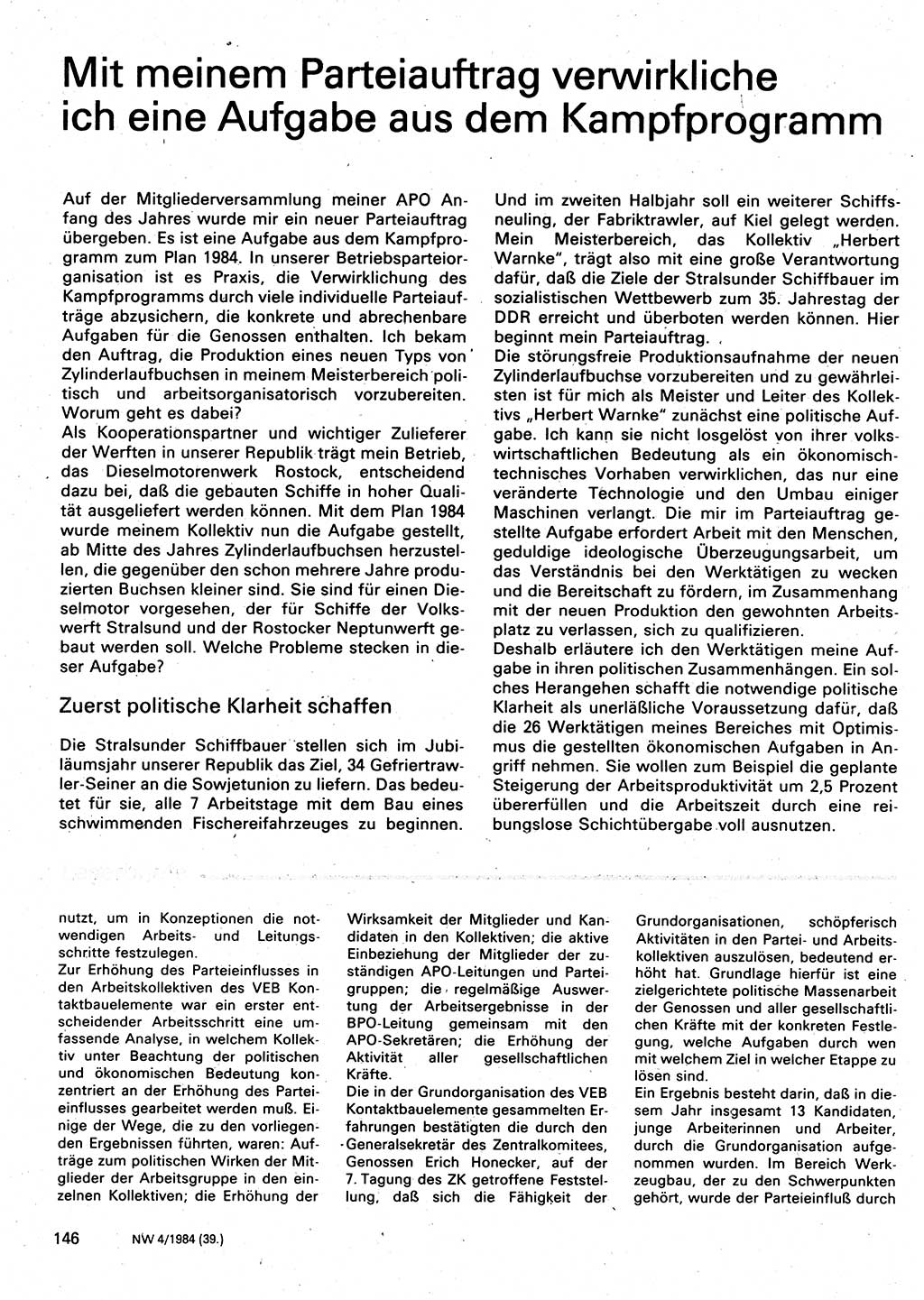 Neuer Weg (NW), Organ des Zentralkomitees (ZK) der SED (Sozialistische Einheitspartei Deutschlands) für Fragen des Parteilebens, 39. Jahrgang [Deutsche Demokratische Republik (DDR)] 1984, Seite 146 (NW ZK SED DDR 1984, S. 146)