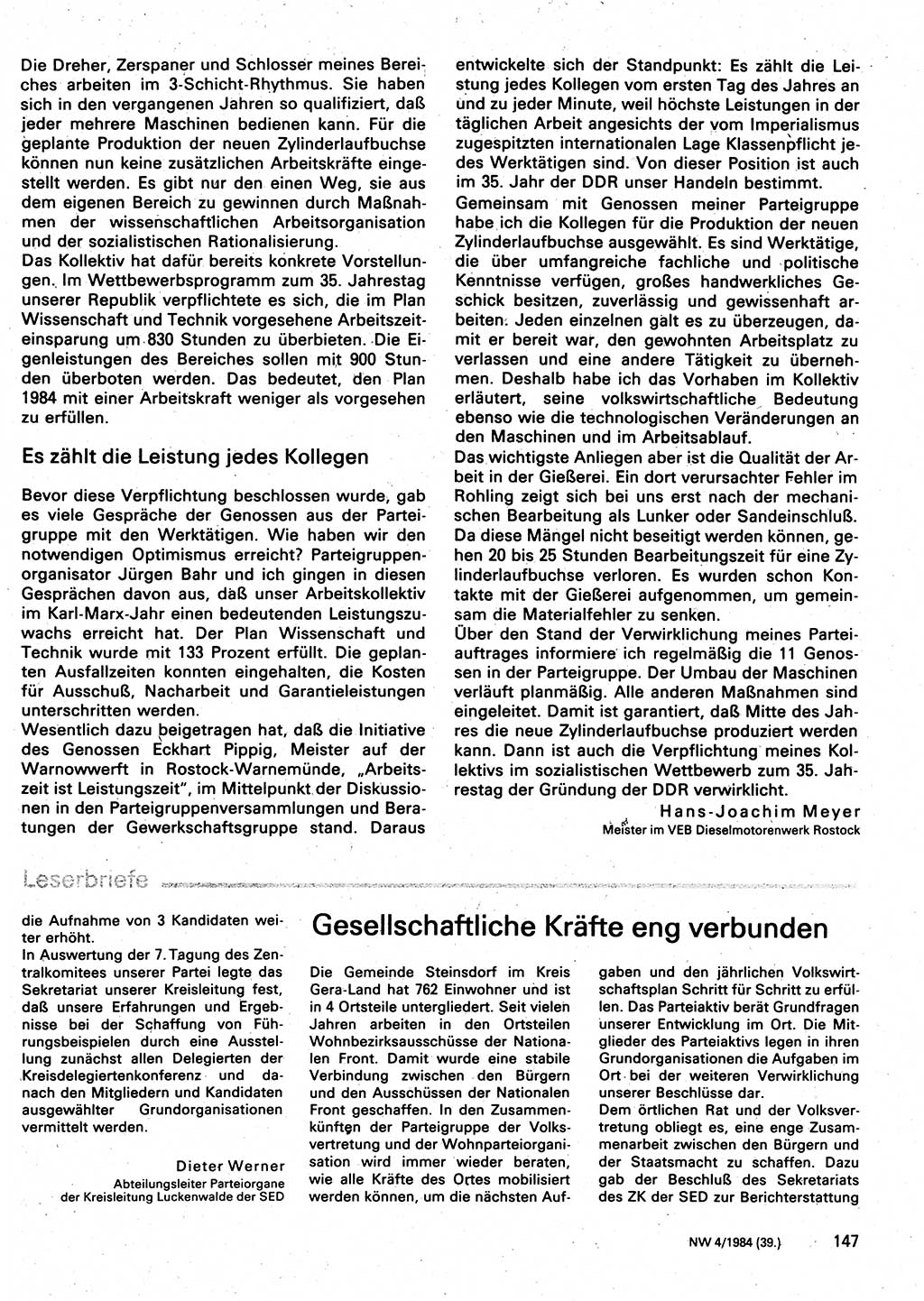 Neuer Weg (NW), Organ des Zentralkomitees (ZK) der SED (Sozialistische Einheitspartei Deutschlands) für Fragen des Parteilebens, 39. Jahrgang [Deutsche Demokratische Republik (DDR)] 1984, Seite 147 (NW ZK SED DDR 1984, S. 147)