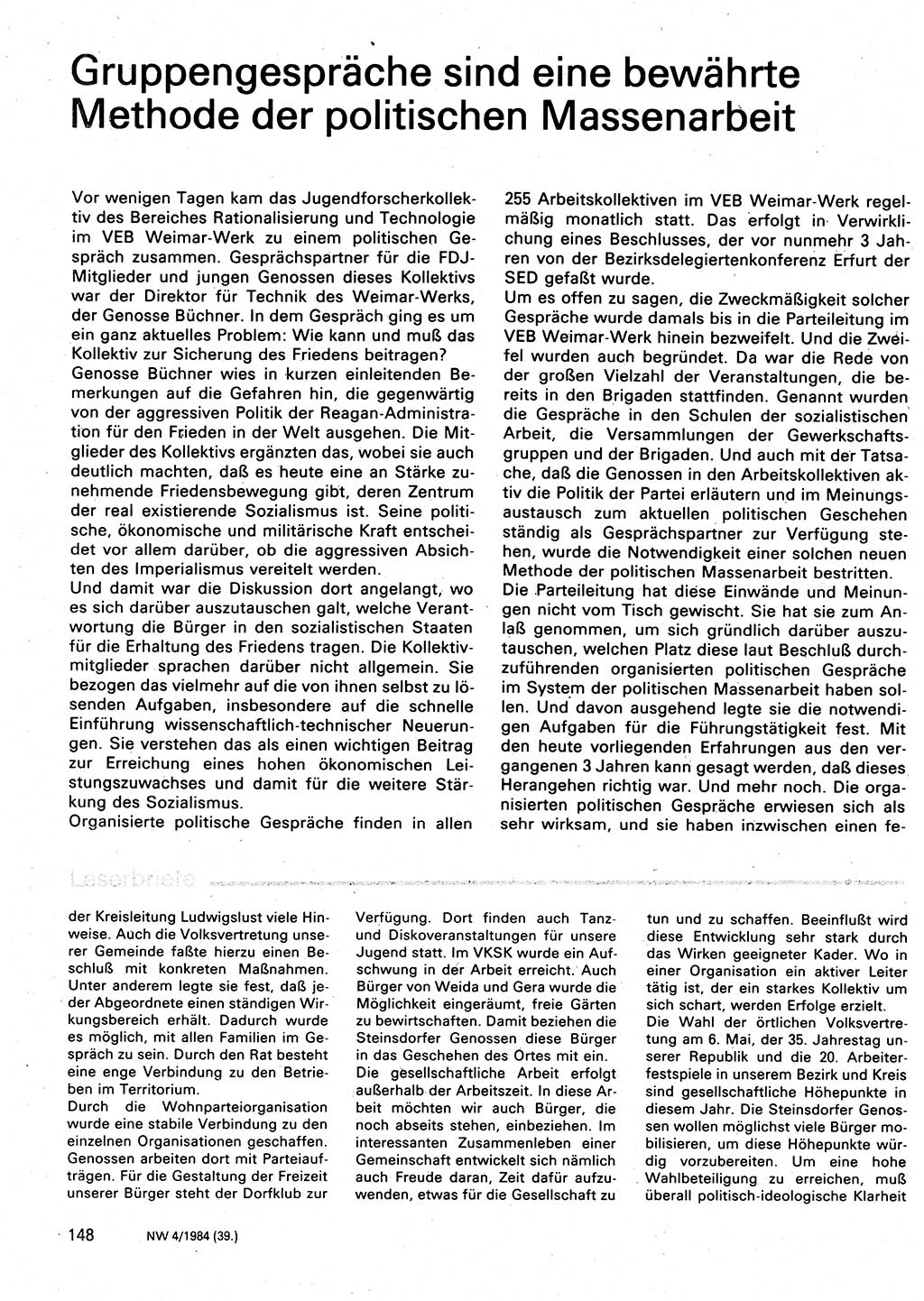 Neuer Weg (NW), Organ des Zentralkomitees (ZK) der SED (Sozialistische Einheitspartei Deutschlands) für Fragen des Parteilebens, 39. Jahrgang [Deutsche Demokratische Republik (DDR)] 1984, Seite 148 (NW ZK SED DDR 1984, S. 148)