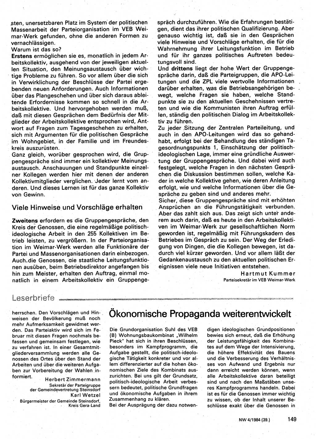 Neuer Weg (NW), Organ des Zentralkomitees (ZK) der SED (Sozialistische Einheitspartei Deutschlands) für Fragen des Parteilebens, 39. Jahrgang [Deutsche Demokratische Republik (DDR)] 1984, Seite 149 (NW ZK SED DDR 1984, S. 149)