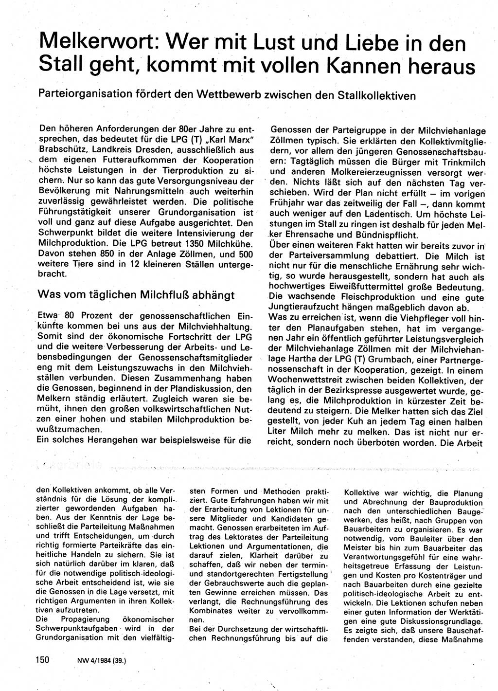 Neuer Weg (NW), Organ des Zentralkomitees (ZK) der SED (Sozialistische Einheitspartei Deutschlands) für Fragen des Parteilebens, 39. Jahrgang [Deutsche Demokratische Republik (DDR)] 1984, Seite 150 (NW ZK SED DDR 1984, S. 150)