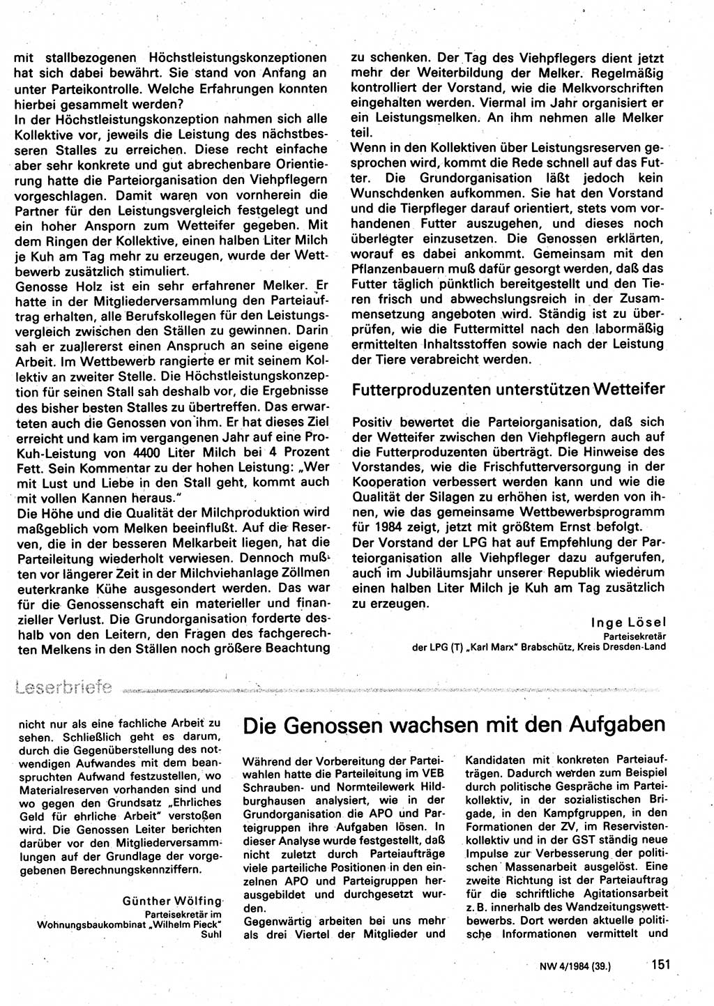 Neuer Weg (NW), Organ des Zentralkomitees (ZK) der SED (Sozialistische Einheitspartei Deutschlands) für Fragen des Parteilebens, 39. Jahrgang [Deutsche Demokratische Republik (DDR)] 1984, Seite 151 (NW ZK SED DDR 1984, S. 151)