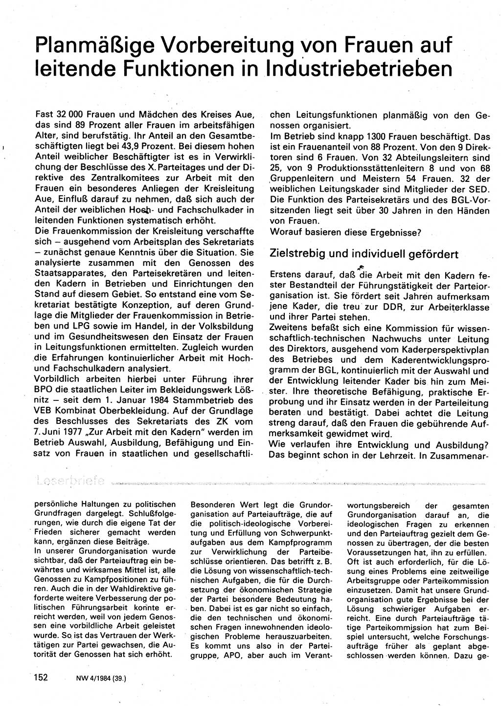Neuer Weg (NW), Organ des Zentralkomitees (ZK) der SED (Sozialistische Einheitspartei Deutschlands) für Fragen des Parteilebens, 39. Jahrgang [Deutsche Demokratische Republik (DDR)] 1984, Seite 152 (NW ZK SED DDR 1984, S. 152)